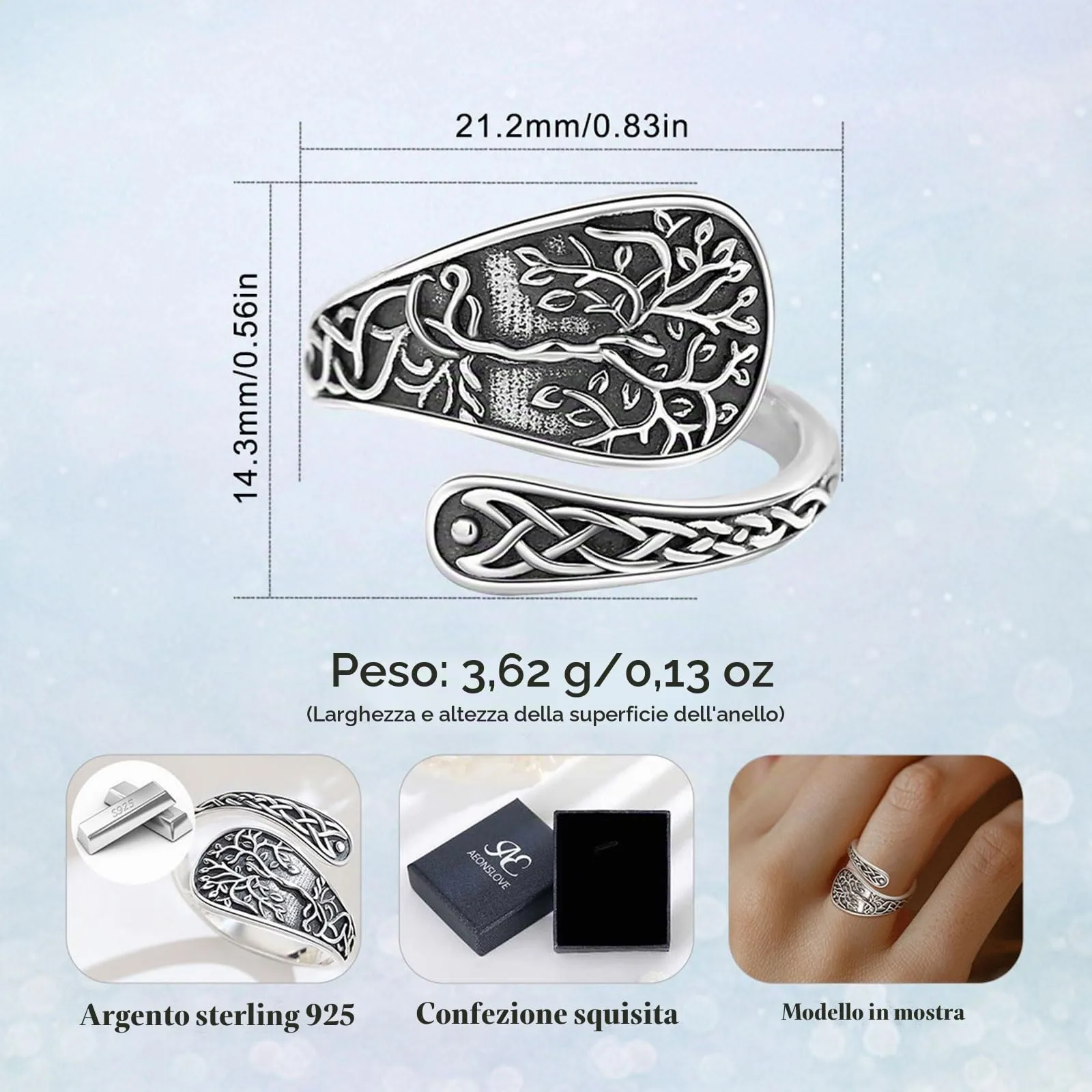 AEONSLOVE Anello Cucchiaio Argento 925 Anello Albero della Vita Donna Regolabile Anelli Cucchiaio Regolabili Anelli Aperti Aperto Pollice - immagine 7