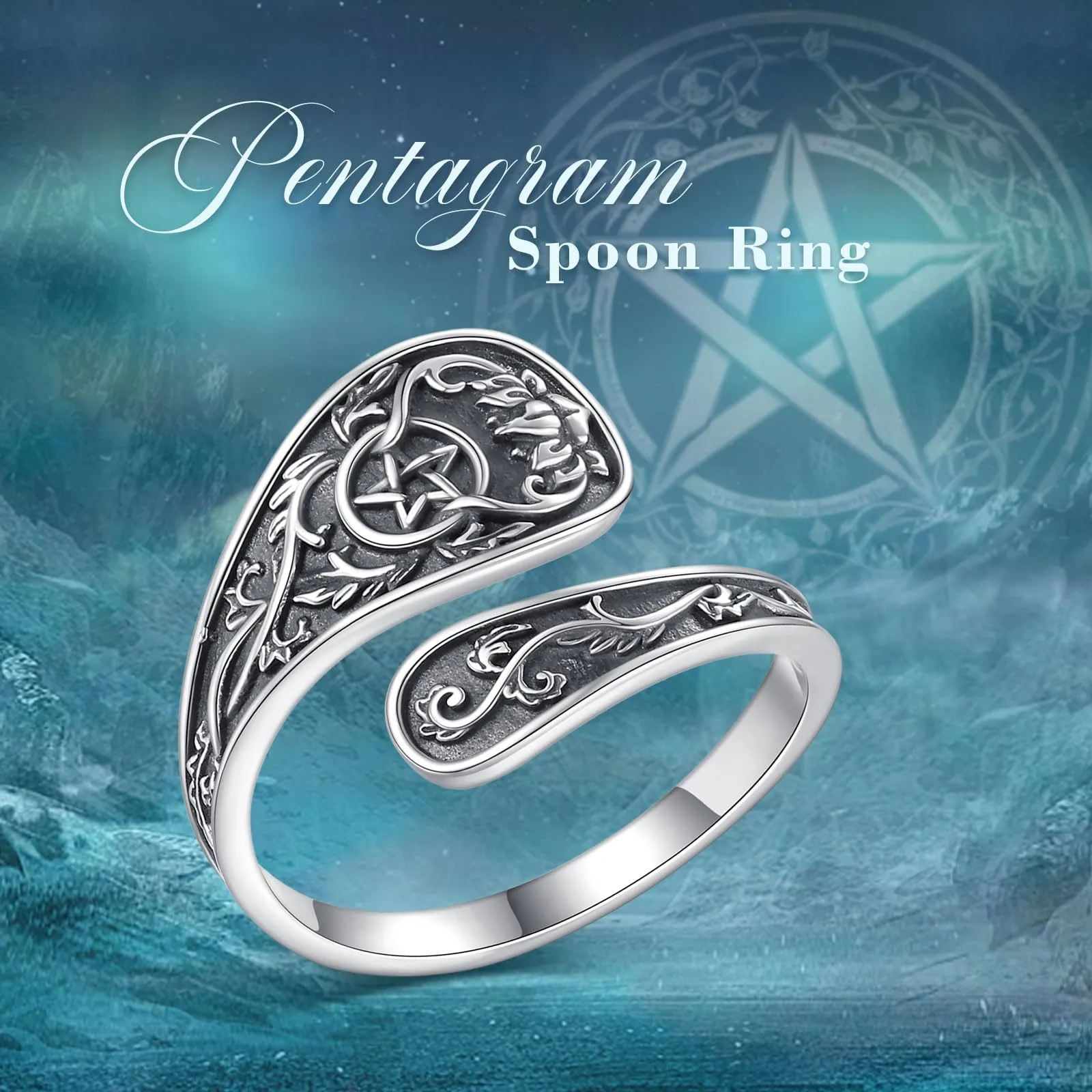 AEONSLOVE Anello Cucchiaio Argento 925 Anello Pentacolo Donna Regolabile Anelli Cucchiaio Regolabili Anello Aperto Pollice - immagine 4