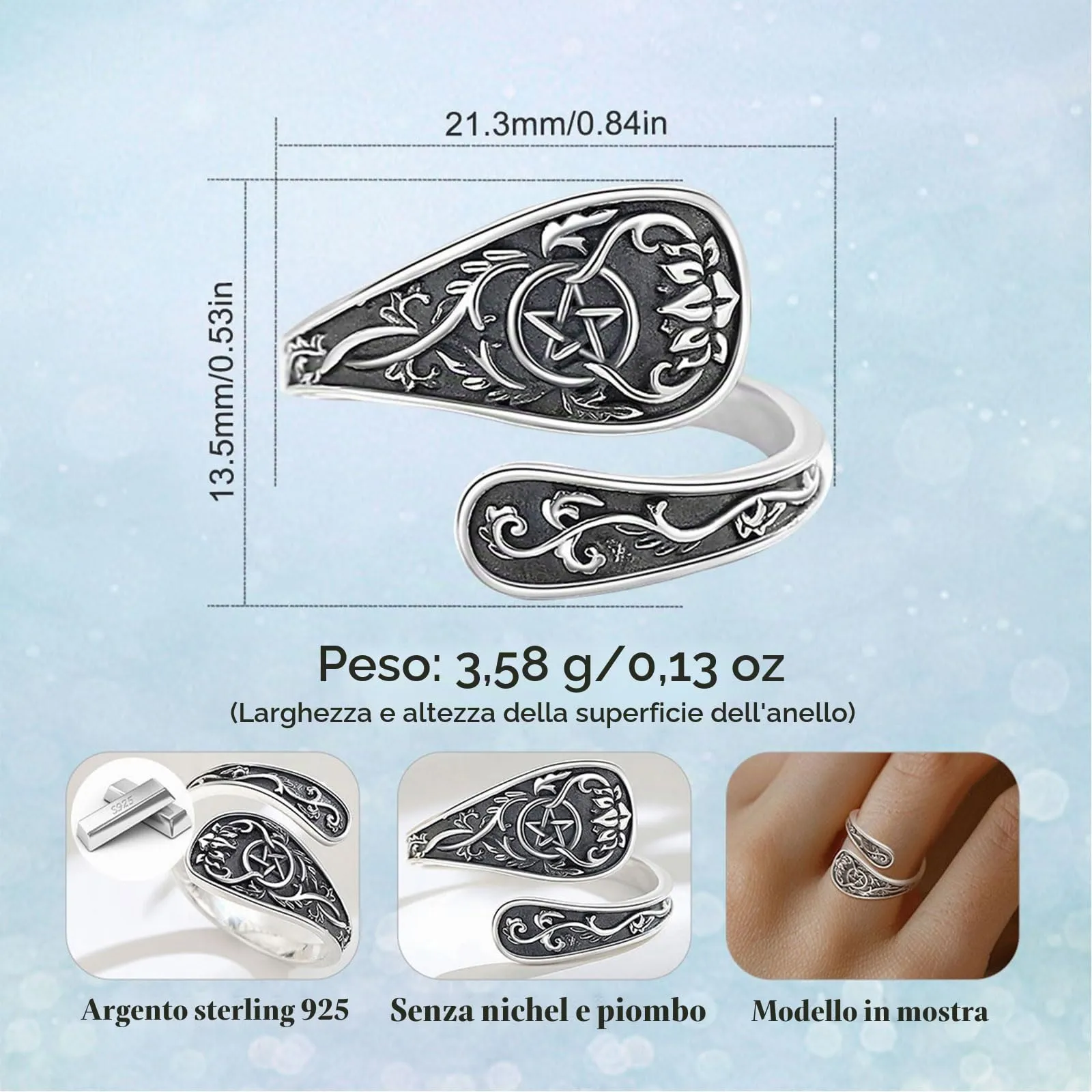 AEONSLOVE Anello Cucchiaio Argento 925 Anello Pentacolo Donna Regolabile Anelli Cucchiaio Regolabili Anello Aperto Pollice - immagine 7