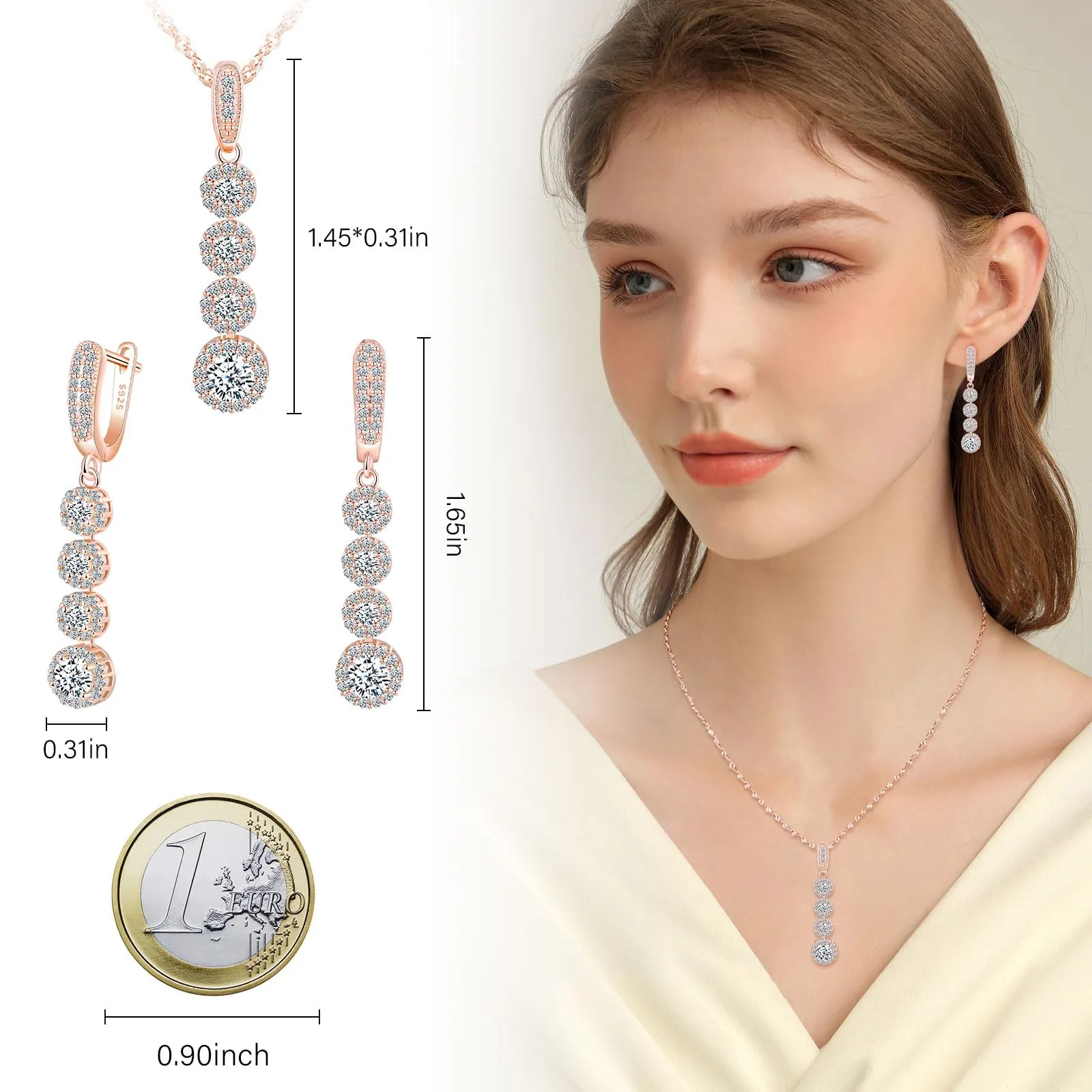 MICMIF Set di Collana e Orecchini Lunghi da Sposa, Parure Gioielli Zircone in Argento 925 per Donna, Orecchini a Goccia con Zirconi Collana con Ciondolo, Gioielli Elegante Catena 45cm - immagine 2