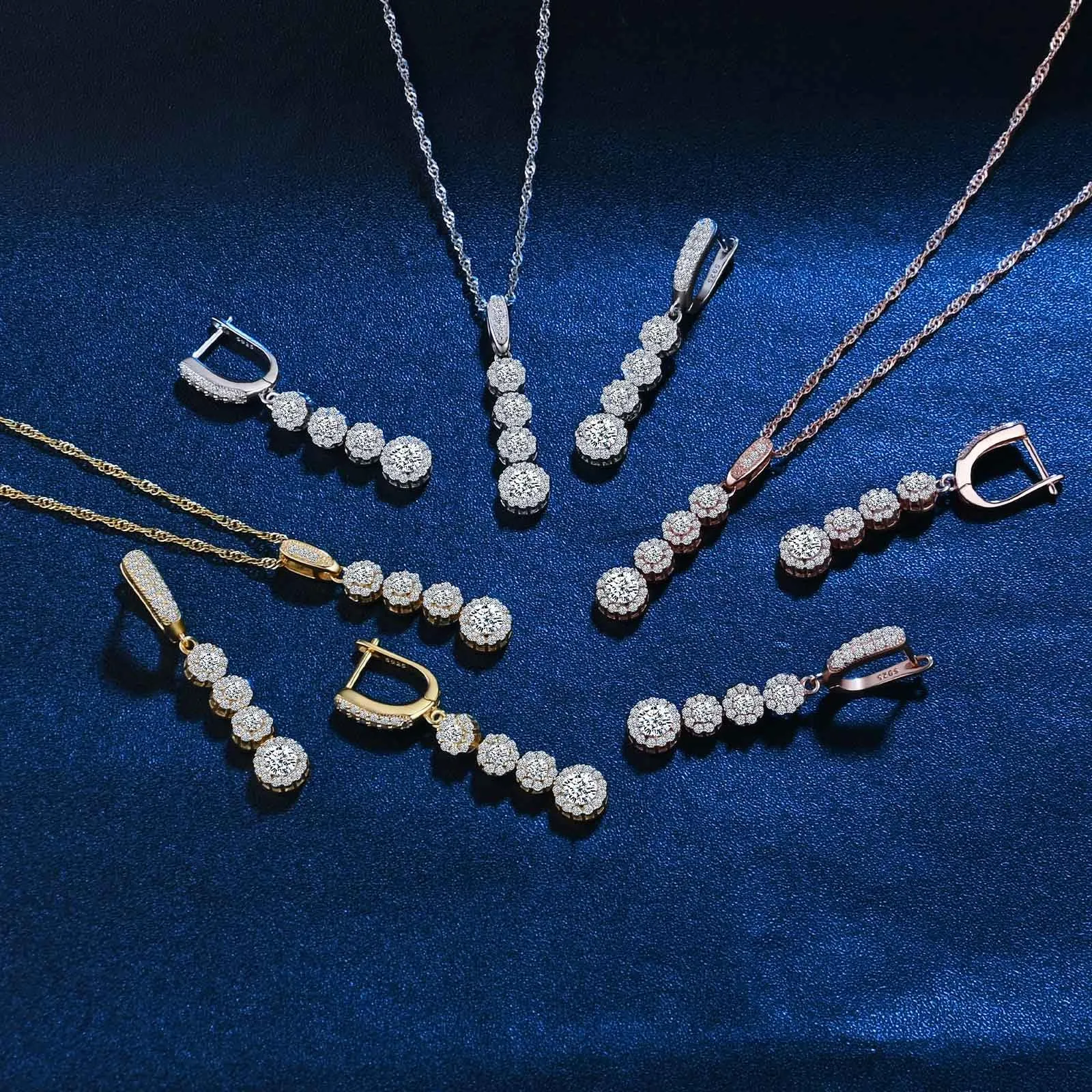 MICMIF Set di Collana e Orecchini Lunghi da Sposa, Parure Gioielli Zircone in Argento 925 per Donna, Orecchini a Goccia con Zirconi Collana con Ciondolo, Gioielli Elegante Catena 45cm - immagine 4