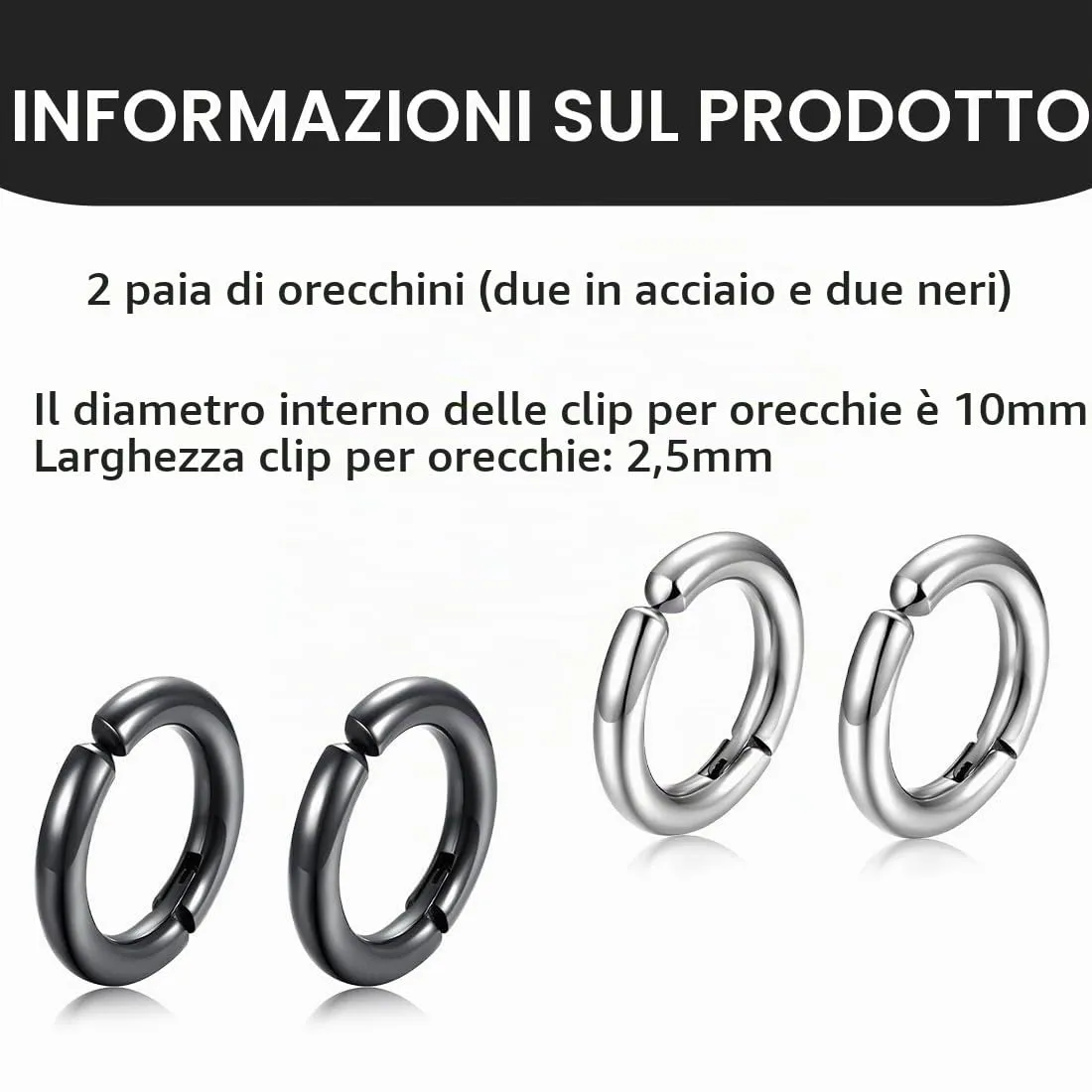 XENQITO 2 Paia Non-Piercing Orecchini Orecchio Clip, Orecchini da Uomo Donna in Acciaio Inossidabile, Tondo, Orecchinis Finti Uomo, Colore Argento Nero, Senza Buco finti, cerchi, non piercing Clip on - immagine 2