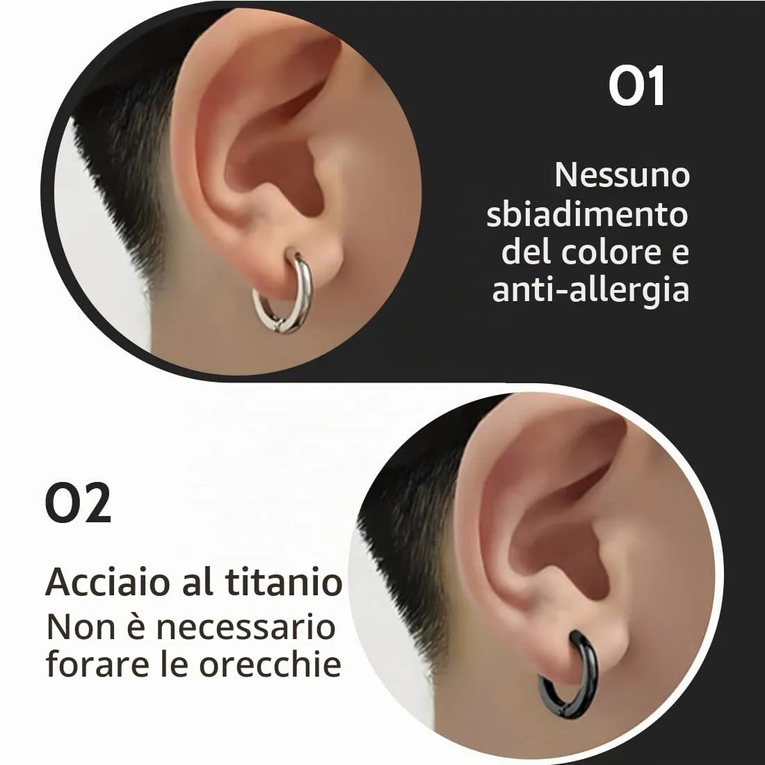 XENQITO 2 Paia Non-Piercing Orecchini Orecchio Clip, Orecchini da Uomo Donna in Acciaio Inossidabile, Tondo, Orecchinis Finti Uomo, Colore Argento Nero, Senza Buco finti, cerchi, non piercing Clip on - immagine 3