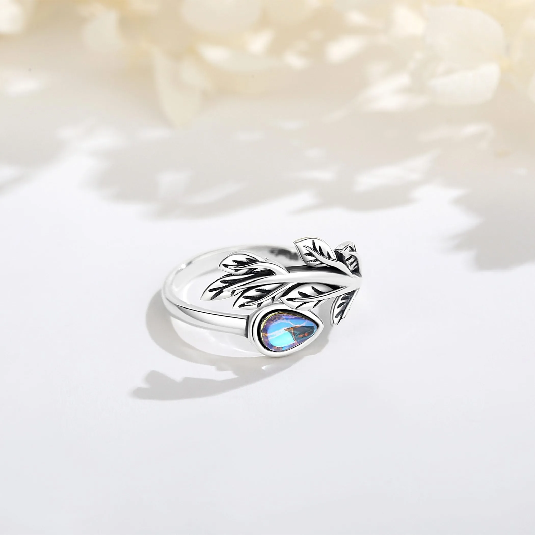 AEONSLOVE Anello Foglia Regolabile Argento 925 Anello Pietra di Luna Donna Aperto Anelli Aperti Regolabili Ragazze - immagine 2