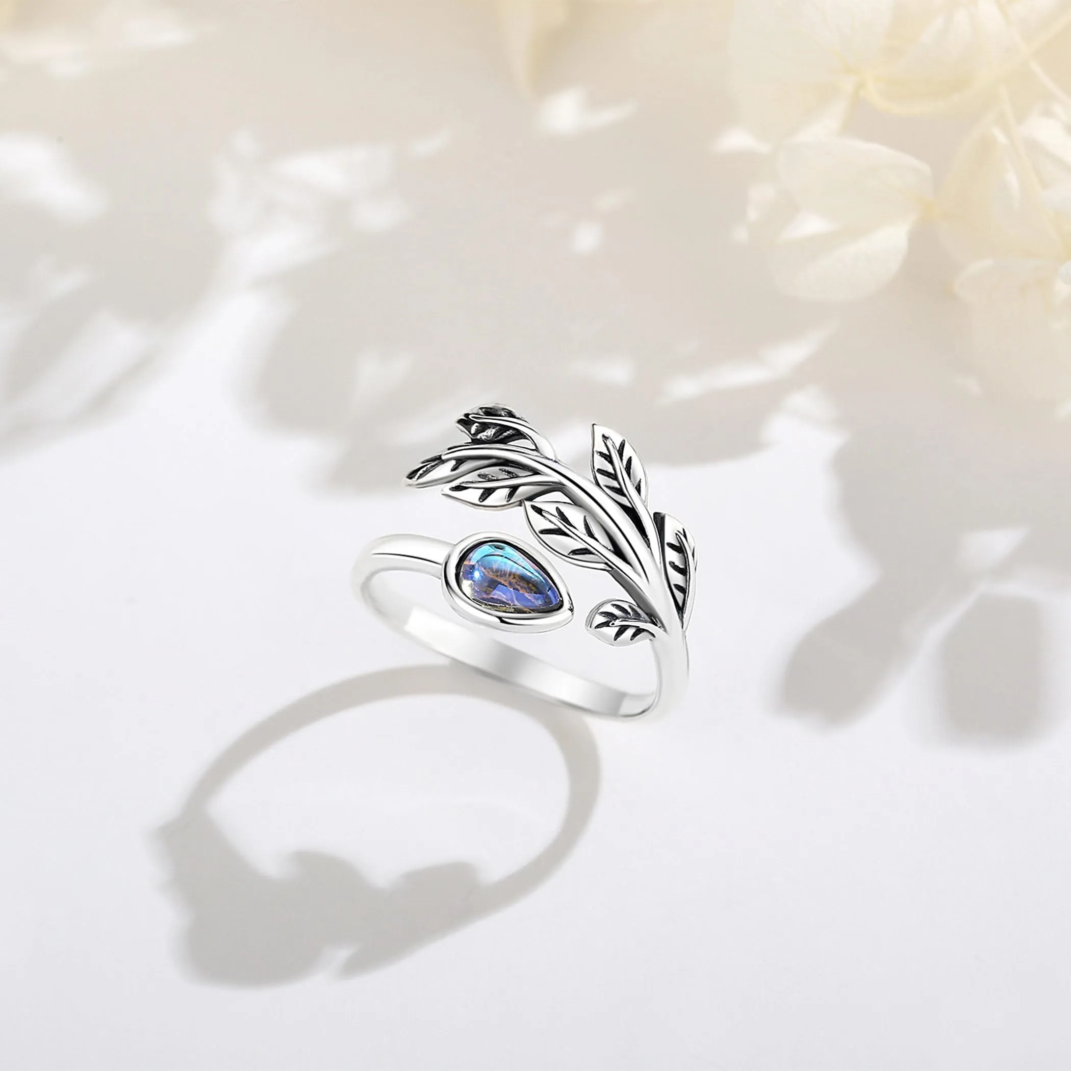 AEONSLOVE Anello Foglia Regolabile Argento 925 Anello Pietra di Luna Donna Aperto Anelli Aperti Regolabili Ragazze - immagine 3
