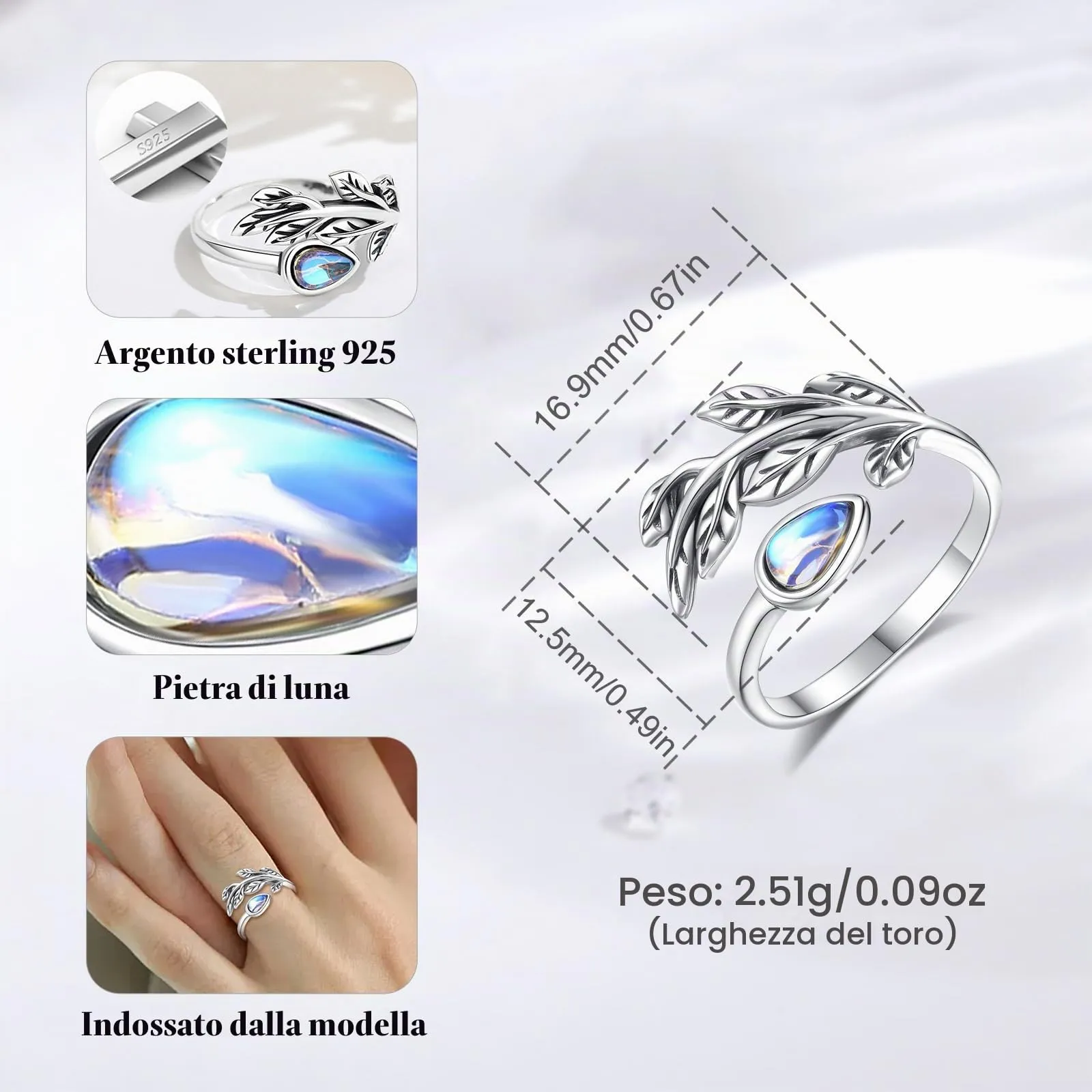 AEONSLOVE Anello Foglia Regolabile Argento 925 Anello Pietra di Luna Donna Aperto Anelli Aperti Regolabili Ragazze - immagine 4