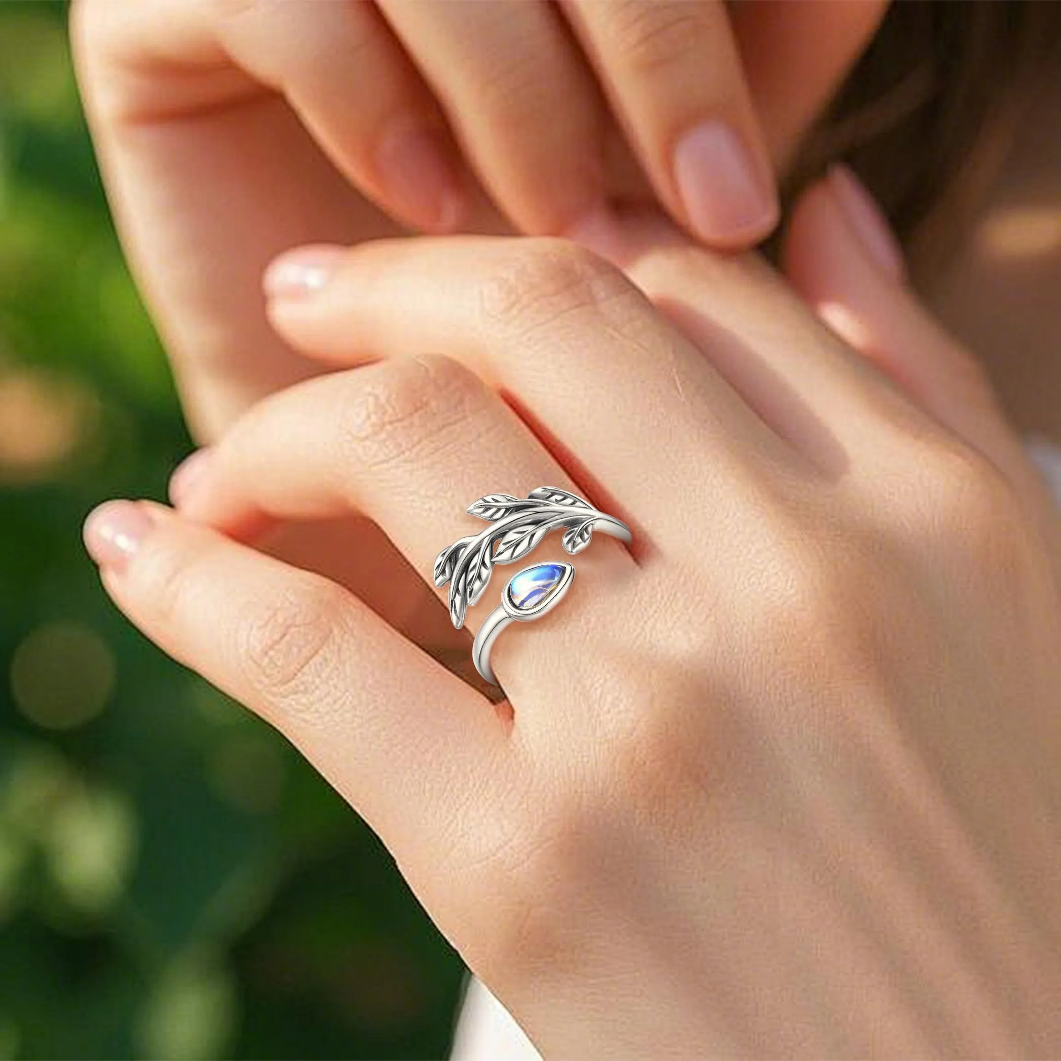 AEONSLOVE Anello Foglia Regolabile Argento 925 Anello Pietra di Luna Donna Aperto Anelli Aperti Regolabili Ragazze - immagine 5