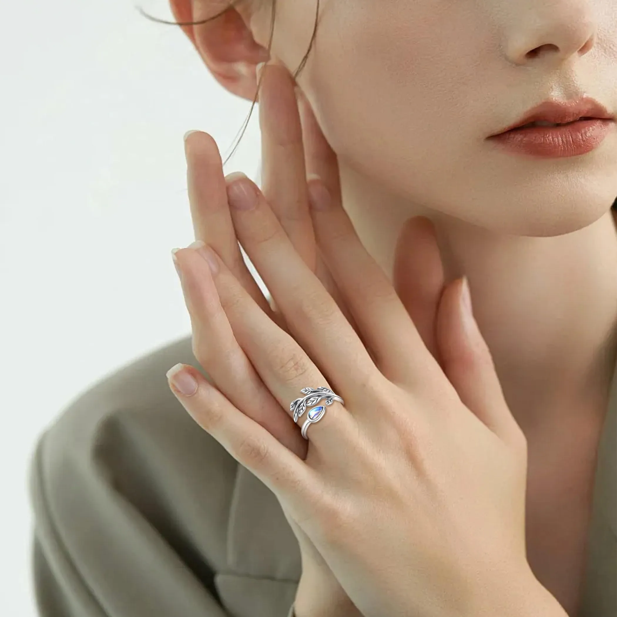 AEONSLOVE Anello Foglia Regolabile Argento 925 Anello Pietra di Luna Donna Aperto Anelli Aperti Regolabili Ragazze - immagine 6