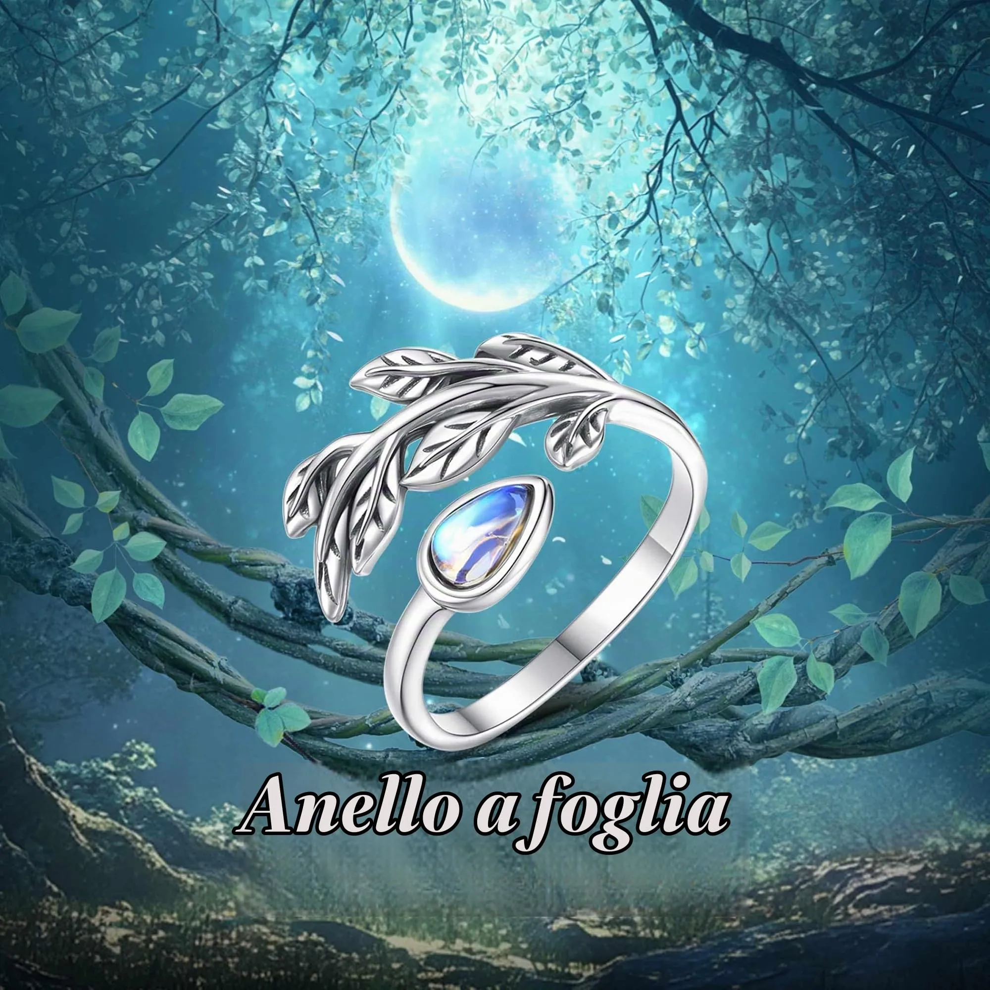 AEONSLOVE Anello Foglia Regolabile Argento 925 Anello Pietra di Luna Donna Aperto Anelli Aperti Regolabili Ragazze - immagine 7