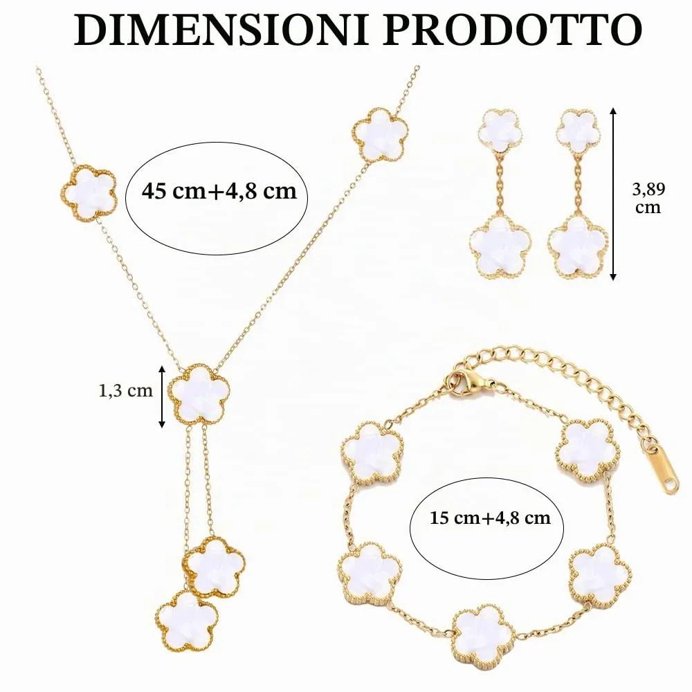XFSRG Set Di Gioielli Con Quadrifogli Fortunato Delicato Gioielli 18k Placcato Oro Collana Orecchini Bracciali Per Mamma Moglie Fidanzata Donna Ragazze(Bianco) - immagine 2