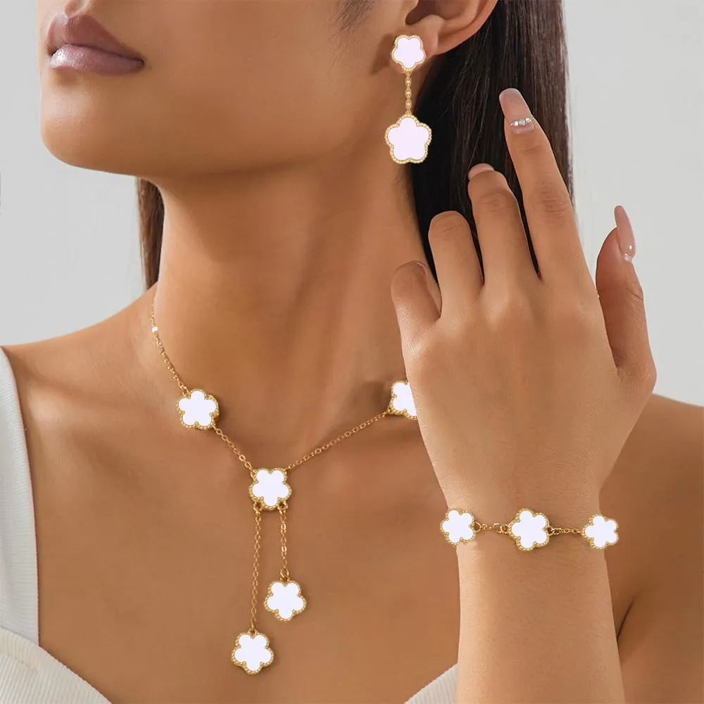 XFSRG Set Di Gioielli Con Quadrifogli Fortunato Delicato Gioielli 18k Placcato Oro Collana Orecchini Bracciali Per Mamma Moglie Fidanzata Donna Ragazze(Bianco) - immagine 5