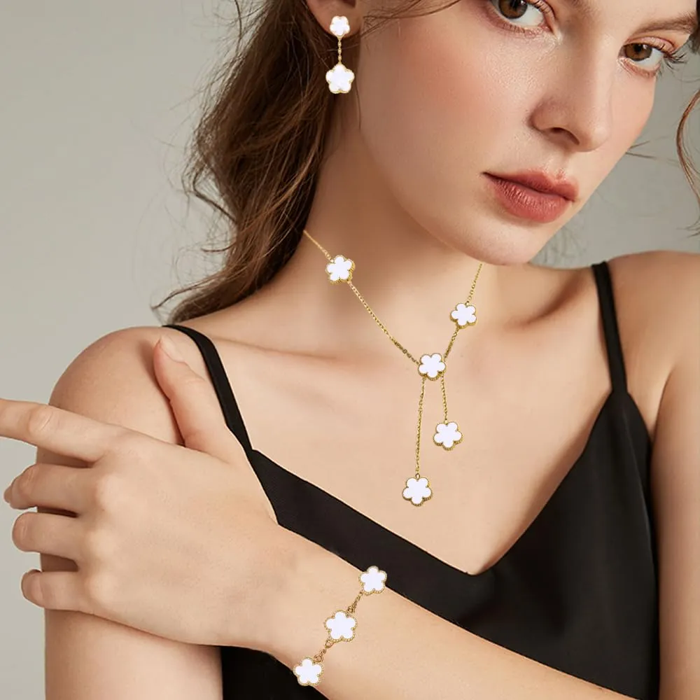XFSRG Set Di Gioielli Con Quadrifogli Fortunato Delicato Gioielli 18k Placcato Oro Collana Orecchini Bracciali Per Mamma Moglie Fidanzata Donna Ragazze(Bianco) - immagine 6