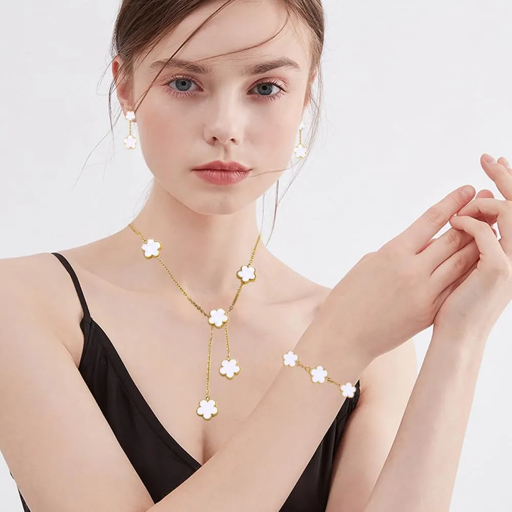 XFSRG Set Di Gioielli Con Quadrifogli Fortunato Delicato Gioielli 18k Placcato Oro Collana Orecchini Bracciali Per Mamma Moglie Fidanzata Donna Ragazze(Bianco) - immagine 7