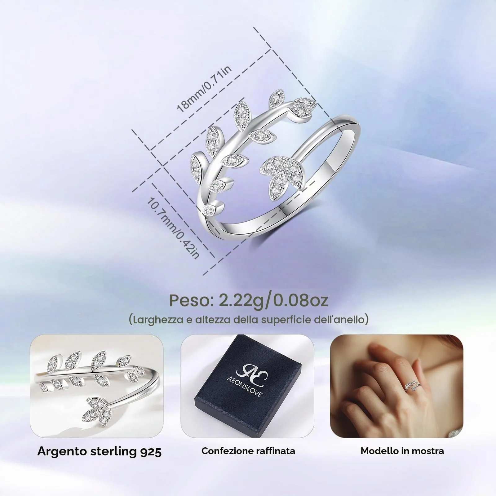 AEONSLOVE Anello Foglia Regolabile Argento 925 Anello di Foglie Donna Aperto con Zirconia Anelli Aperti Regolabili Ragazze - immagine 7