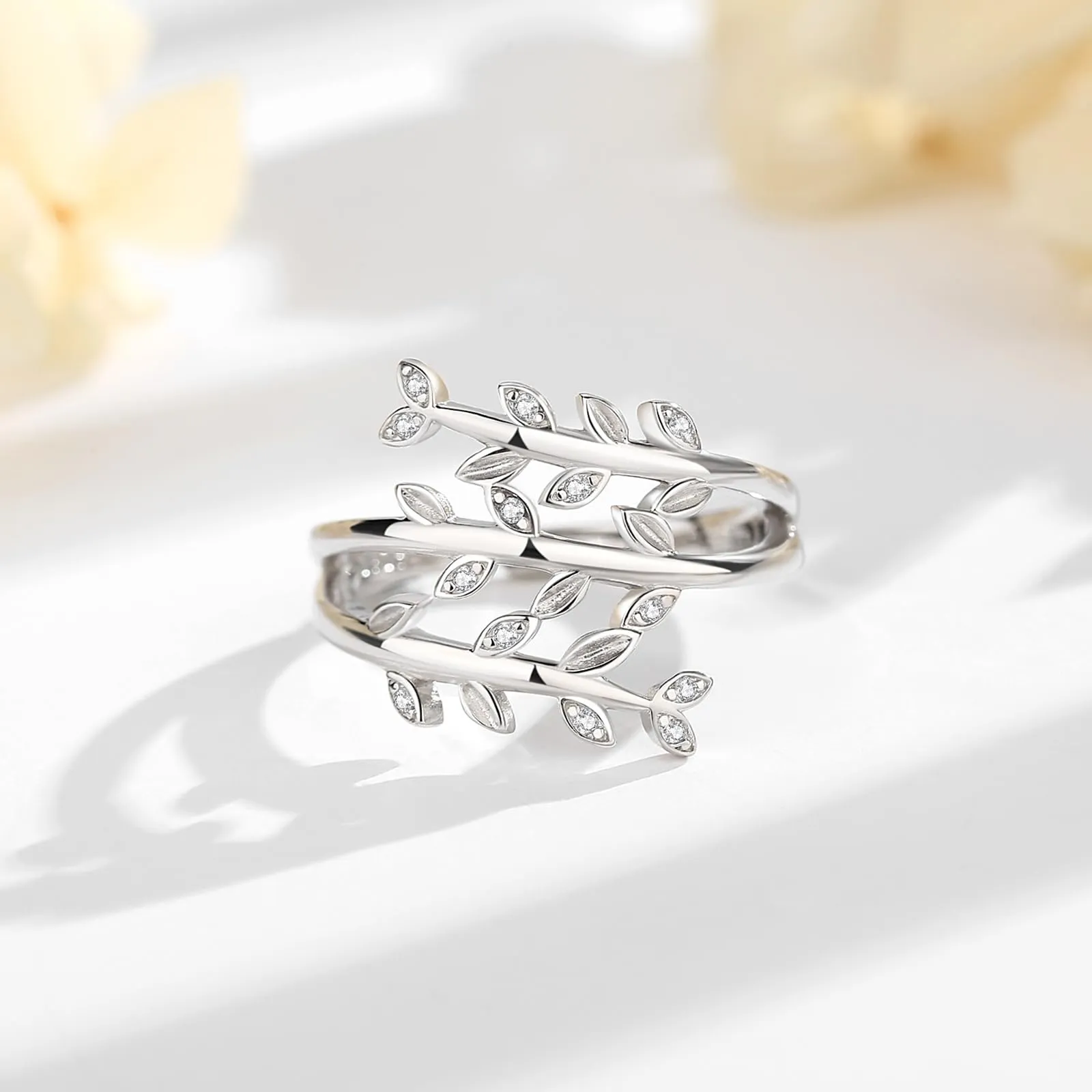 AEONSLOVE Anello Foglia Regolabile Donna Argento 925 Anello di Foglie Aperto con Zirconia Anelli Aperti Regolabili Ragazze - immagine 2
