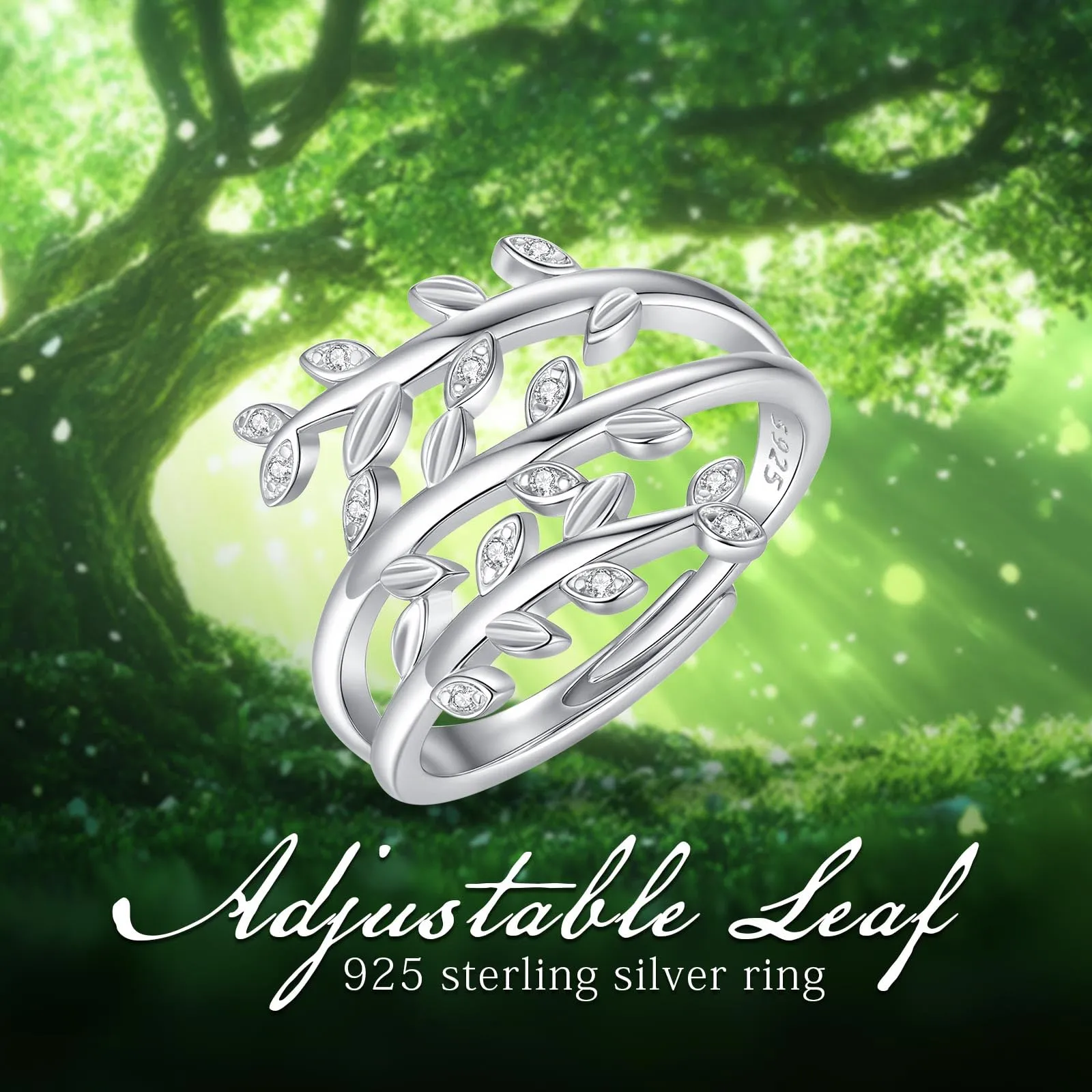 AEONSLOVE Anello Foglia Regolabile Donna Argento 925 Anello di Foglie Aperto con Zirconia Anelli Aperti Regolabili Ragazze - immagine 4