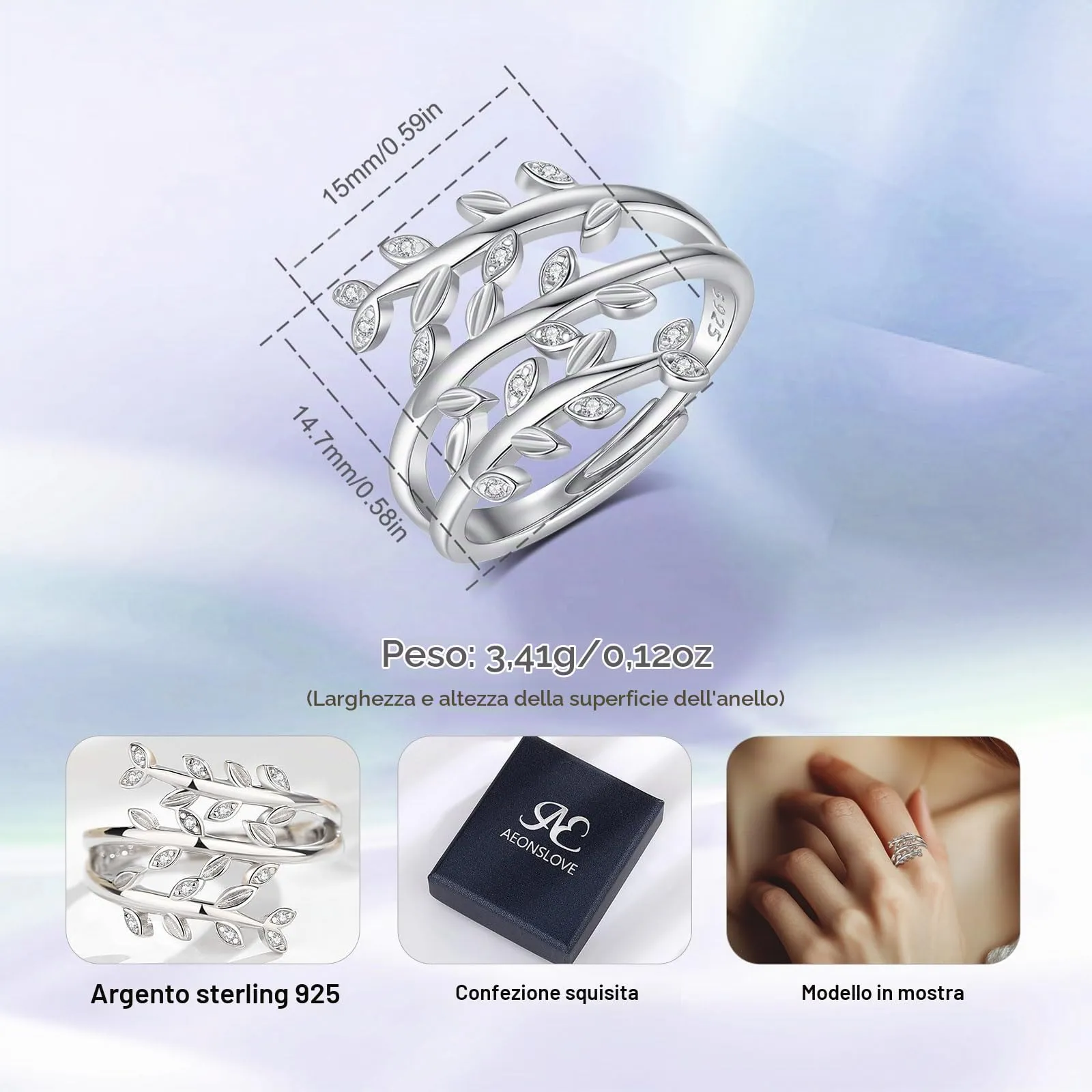 AEONSLOVE Anello Foglia Regolabile Donna Argento 925 Anello di Foglie Aperto con Zirconia Anelli Aperti Regolabili Ragazze - immagine 7