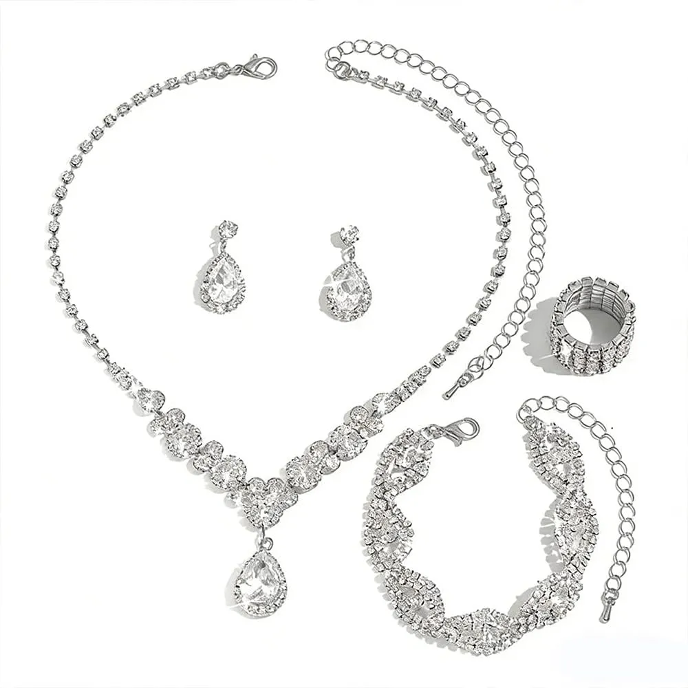 XFSRG Donna Elegant Zirconia Cubici Collana Bracciali Orecchini e Anelli Set Gioielli da Sposa Stile Vintage Accessori per le Donne (Argento) - immagine 1