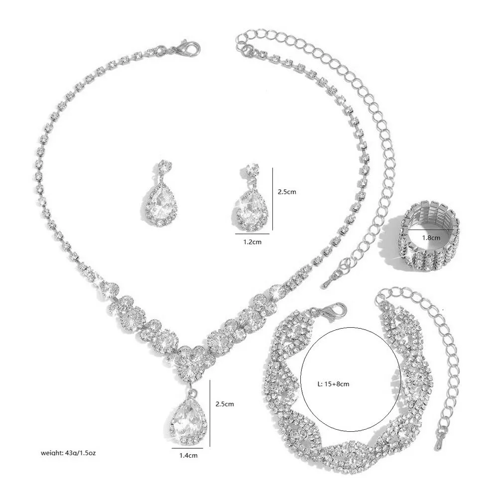 XFSRG Donna Elegant Zirconia Cubici Collana Bracciali Orecchini e Anelli Set Gioielli da Sposa Stile Vintage Accessori per le Donne (Argento) - immagine 2