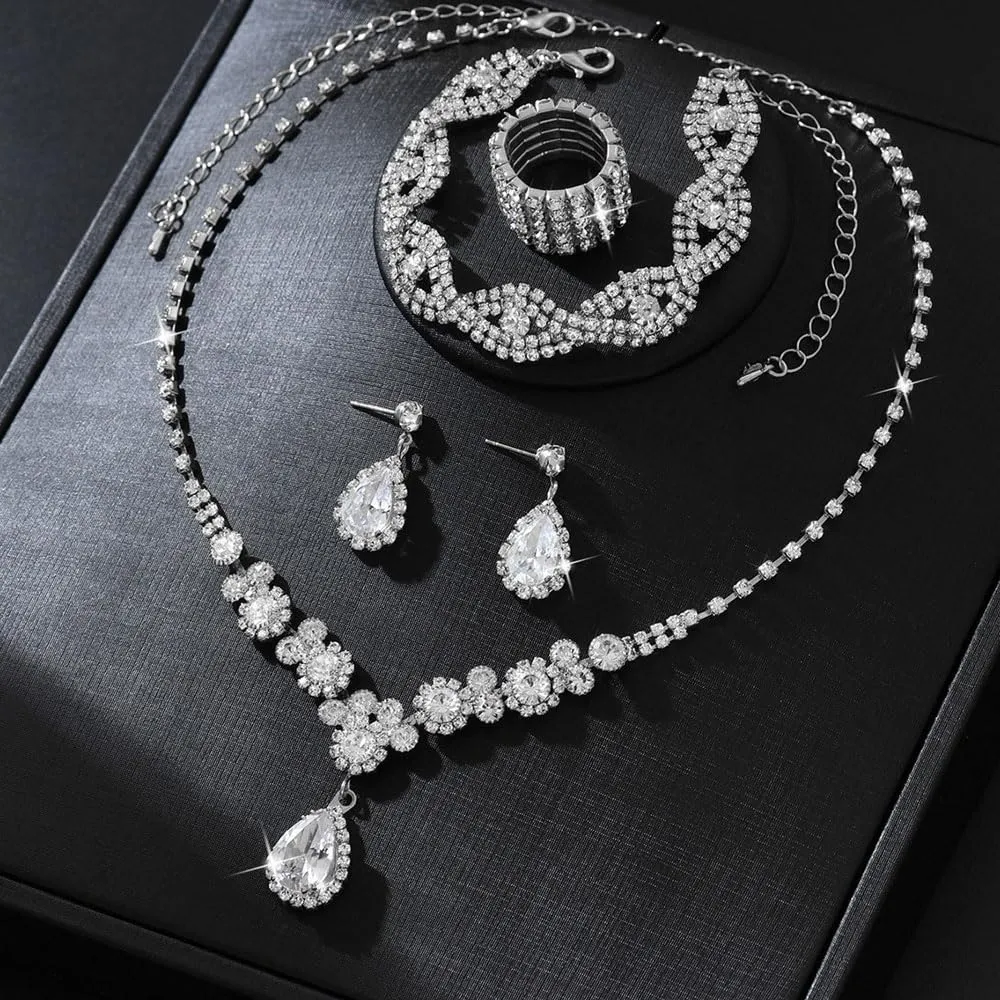 XFSRG Donna Elegant Zirconia Cubici Collana Bracciali Orecchini e Anelli Set Gioielli da Sposa Stile Vintage Accessori per le Donne (Argento) - immagine 4