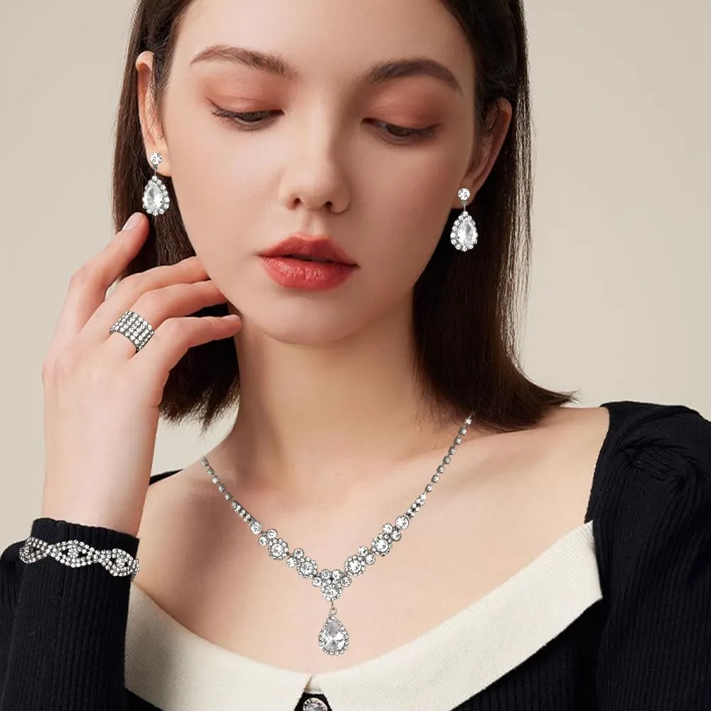 XFSRG Donna Elegant Zirconia Cubici Collana Bracciali Orecchini e Anelli Set Gioielli da Sposa Stile Vintage Accessori per le Donne (Argento) - immagine 5