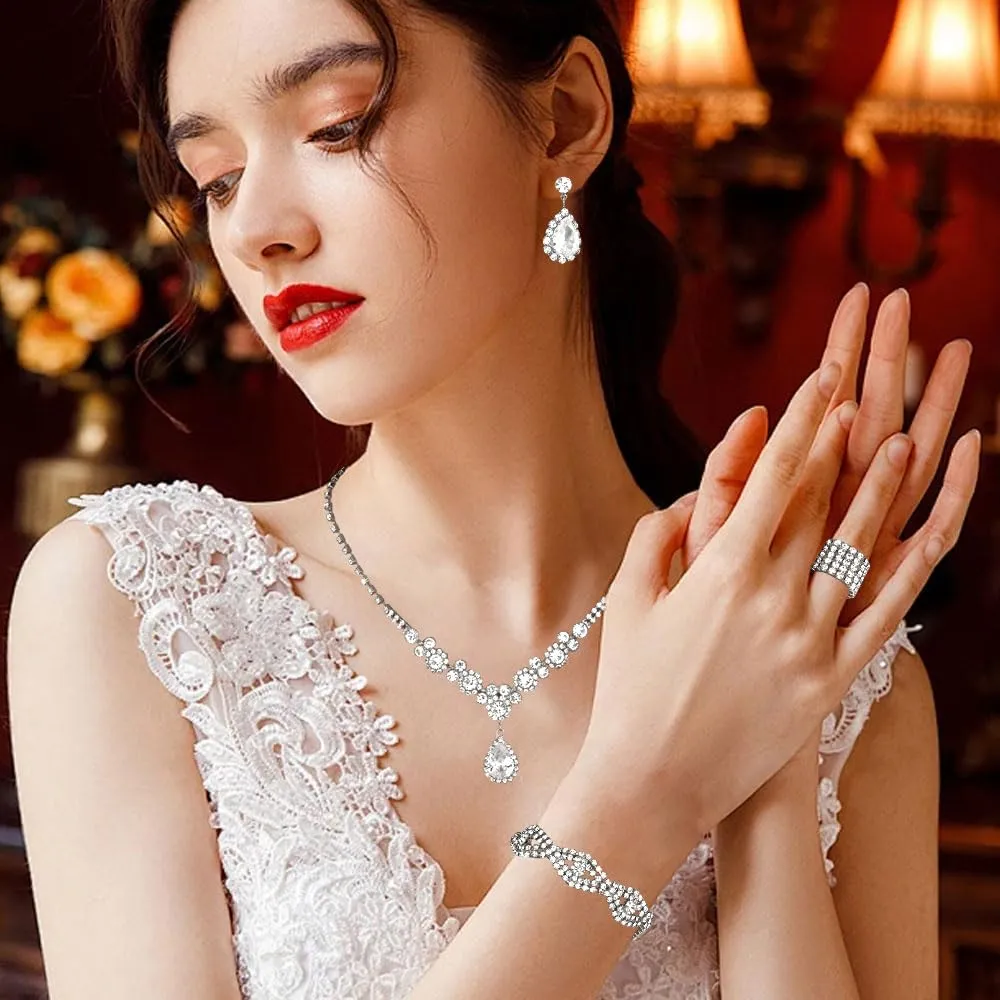 XFSRG Donna Elegant Zirconia Cubici Collana Bracciali Orecchini e Anelli Set Gioielli da Sposa Stile Vintage Accessori per le Donne (Argento) - immagine 7