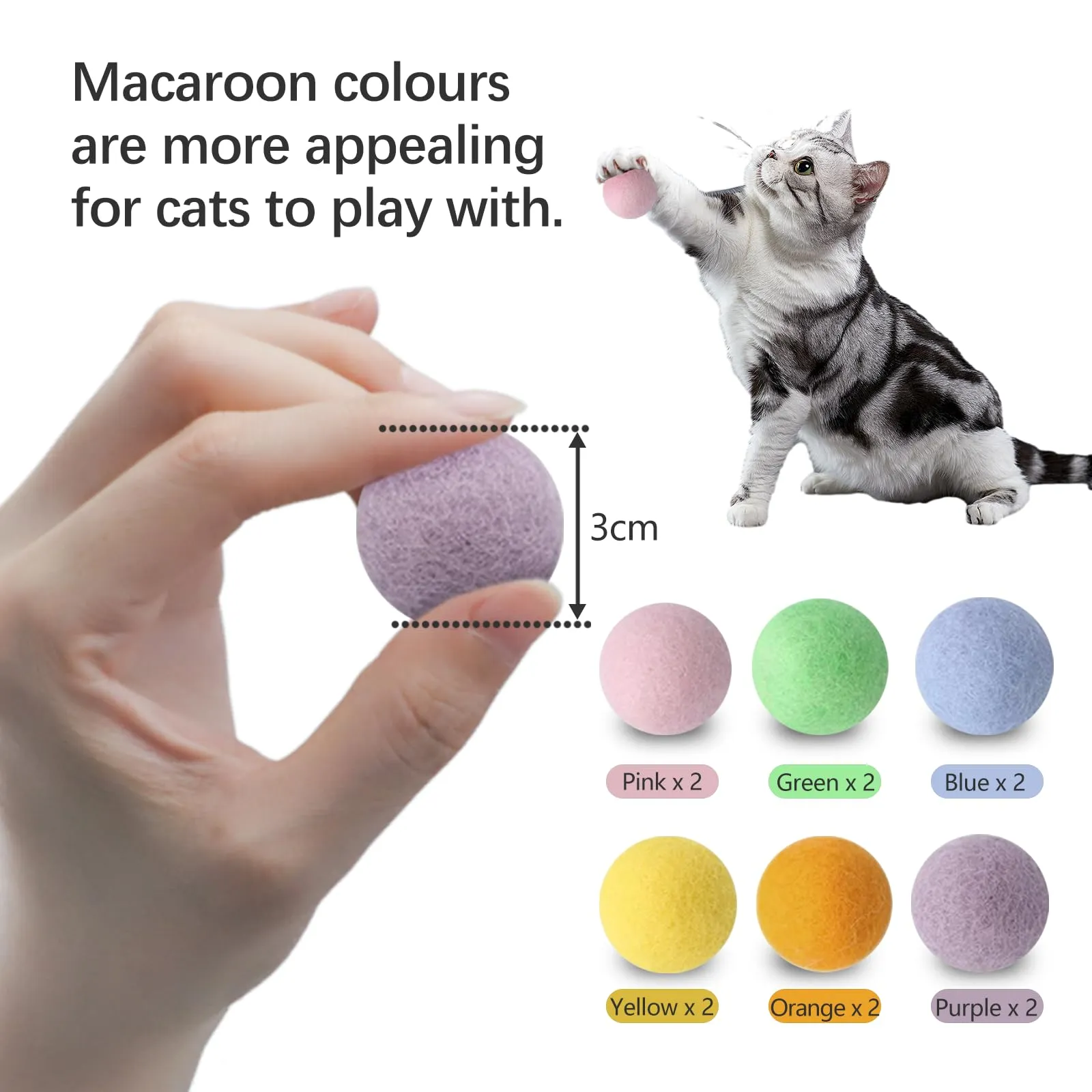 ROEOWENE 12 Pezzi Colorate Palline di Feltro per Gatti 3CM Palline per - immagine 3