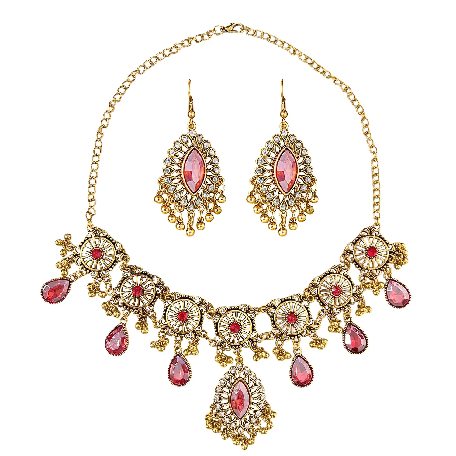VLYX Set di Gioielli Tradizionali Indiani per Donna, Collana e Orecchini Jhumka, Stile Boho Etnico per Matrimoni, Feste e Occasioni Speciali (Rosso) - immagine 1