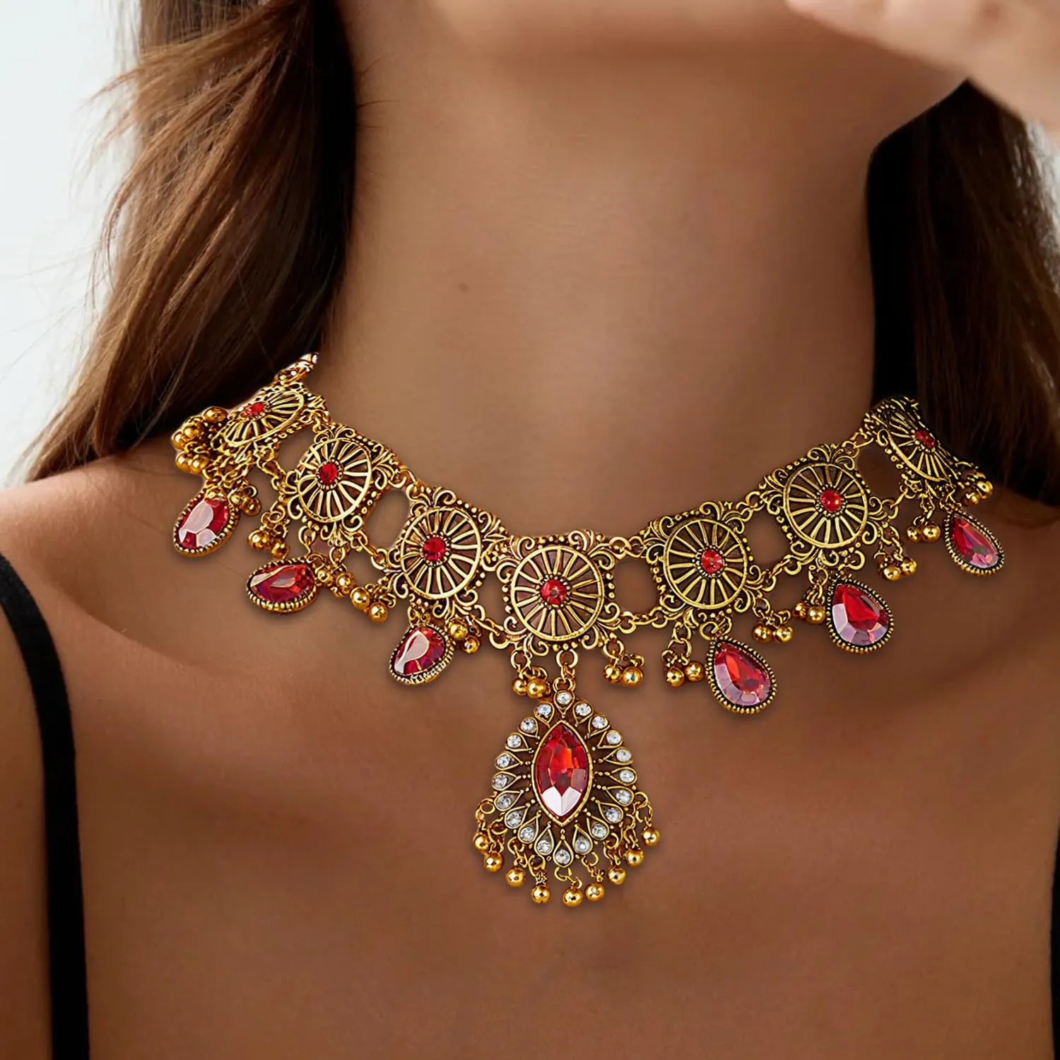 VLYX Set di Gioielli Tradizionali Indiani per Donna, Collana e Orecchini Jhumka, Stile Boho Etnico per Matrimoni, Feste e Occasioni Speciali (Rosso) - immagine 2