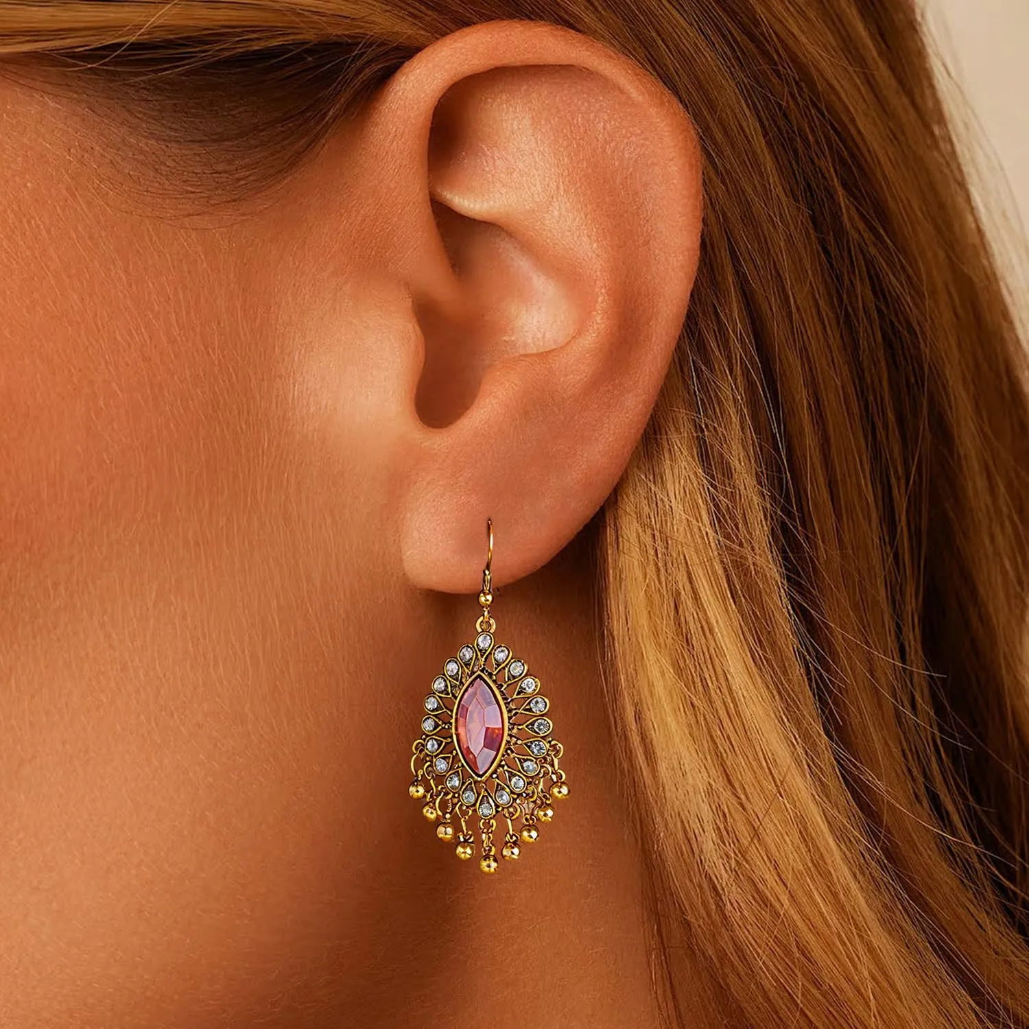 VLYX Set di Gioielli Tradizionali Indiani per Donna, Collana e Orecchini Jhumka, Stile Boho Etnico per Matrimoni, Feste e Occasioni Speciali (Rosso) - immagine 4