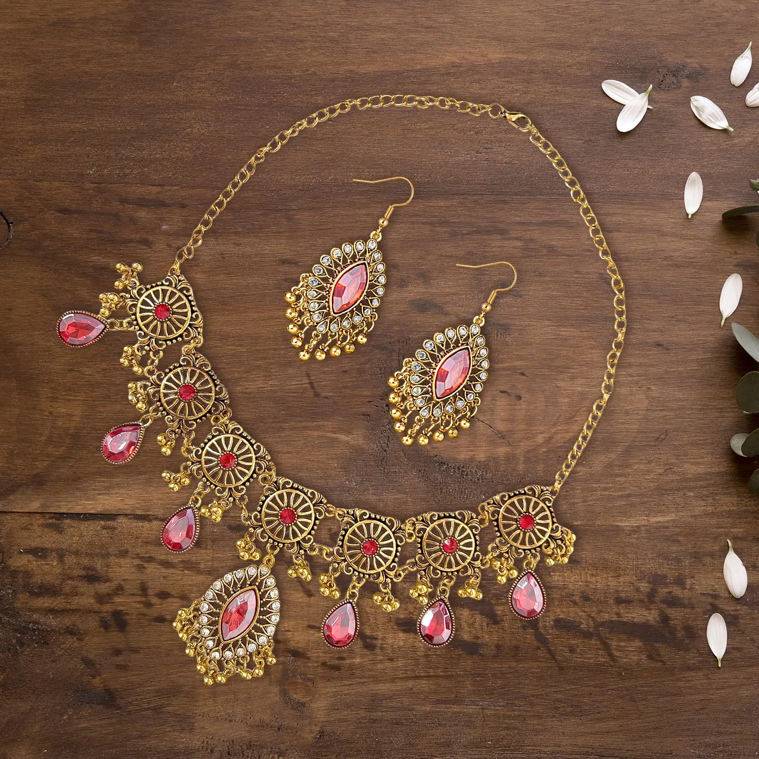 VLYX Set di Gioielli Tradizionali Indiani per Donna, Collana e Orecchini Jhumka, Stile Boho Etnico per Matrimoni, Feste e Occasioni Speciali (Rosso) - immagine 5