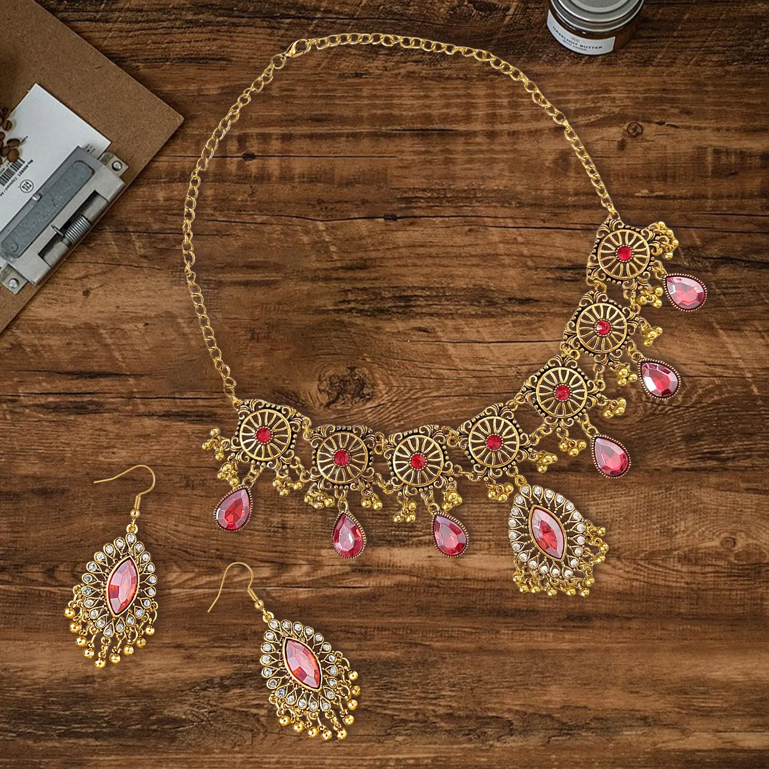 VLYX Set di Gioielli Tradizionali Indiani per Donna, Collana e Orecchini Jhumka, Stile Boho Etnico per Matrimoni, Feste e Occasioni Speciali (Rosso) - immagine 6