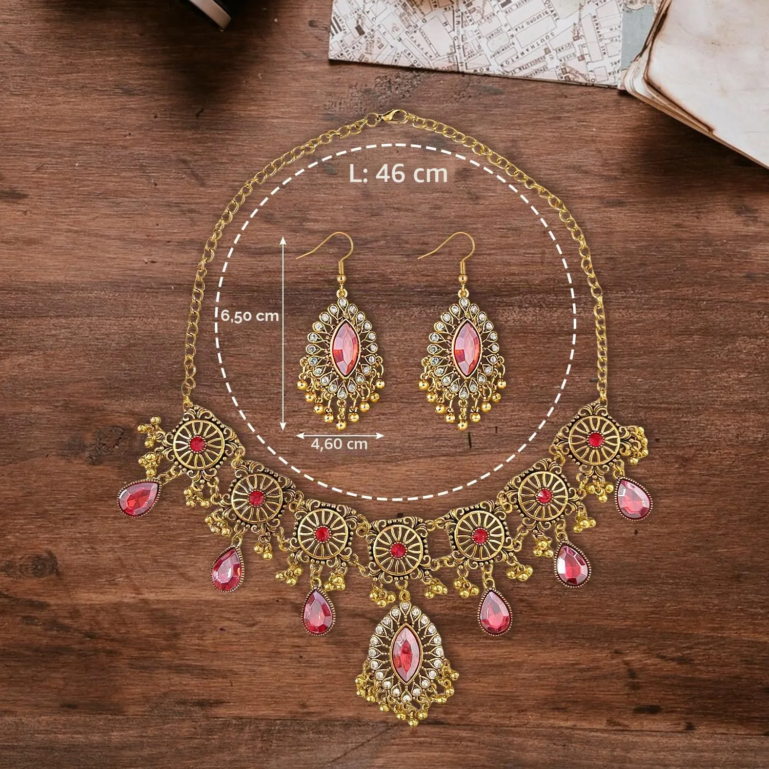 VLYX Set di Gioielli Tradizionali Indiani per Donna, Collana e Orecchini Jhumka, Stile Boho Etnico per Matrimoni, Feste e Occasioni Speciali (Rosso) - immagine 7