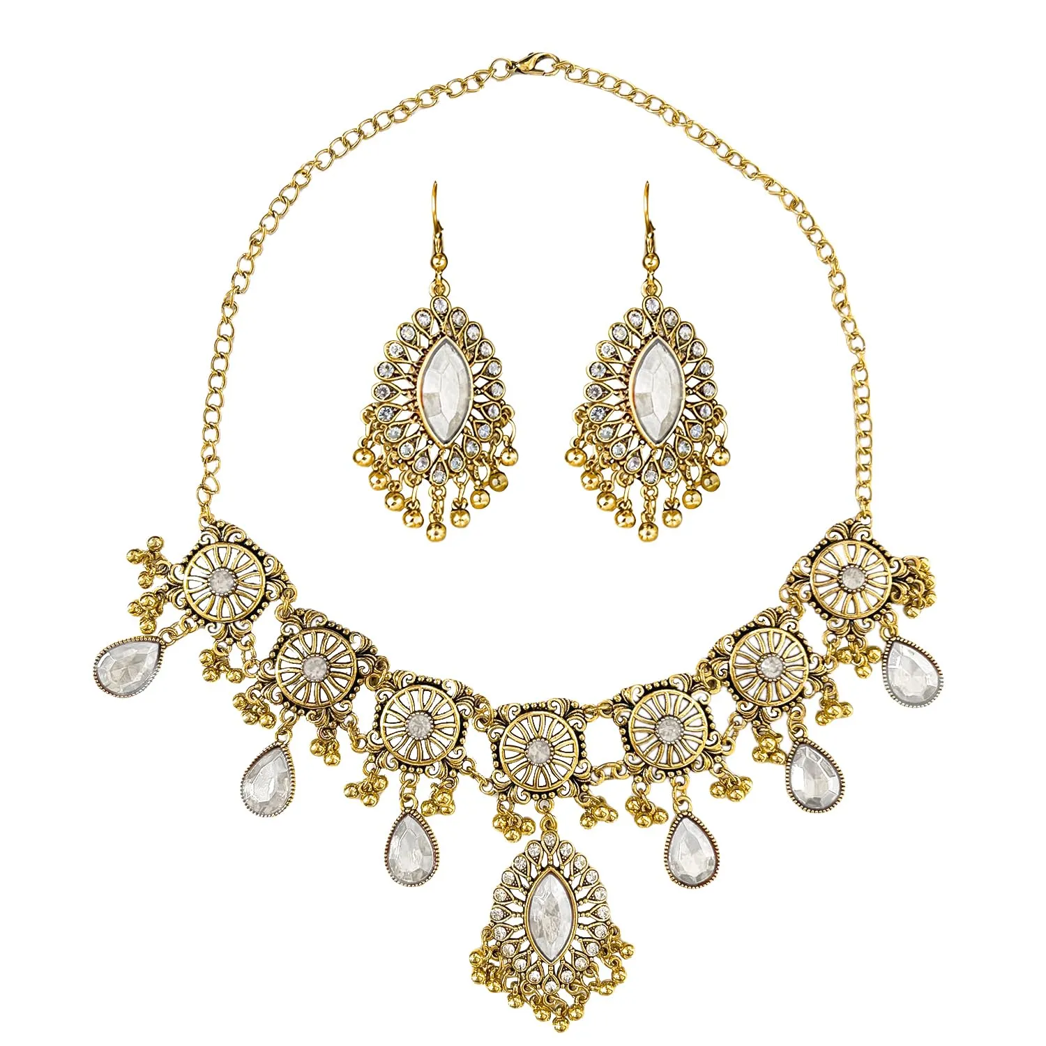 VLYX Set di Gioielli Indiani Tradizionali per Donna - Collana e Orecchini Jhumka - Stile Boho Etnico per Matrimoni, Feste e Occasioni Festive (Bianco) - immagine 1
