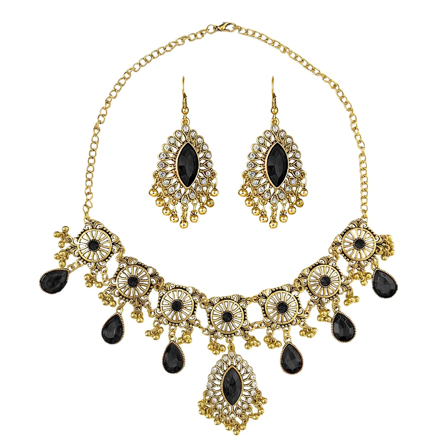 VLYX Set di gioielli tradizionali indiani per donna - Collana e orecchini Jhumka - Stile etnico boho per matrimoni, feste e accessori festivi (Nero) - immagine 1