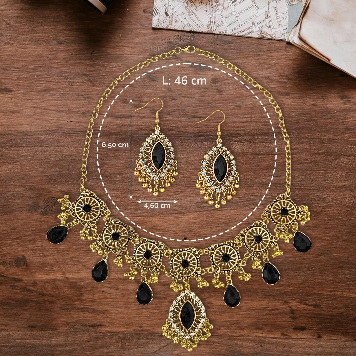 VLYX Set di gioielli tradizionali indiani per donna - Collana e orecchini Jhumka - Stile etnico boho per matrimoni, feste e accessori festivi (Nero) - immagine 7