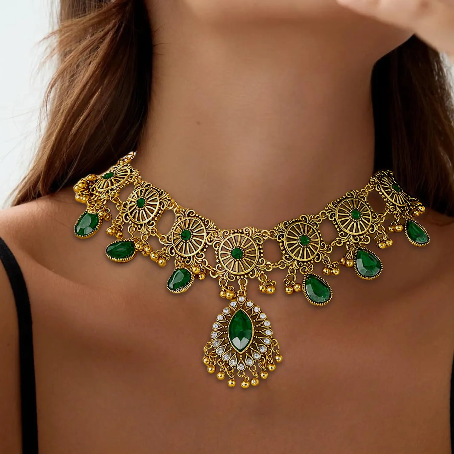 VLYX Set di gioielli tradizionali indiani per donna, Collana e Orecchini Jhumka, Stile etnico boho, Matrimonio, Festa e Accessori festivi (Verde) - immagine 2