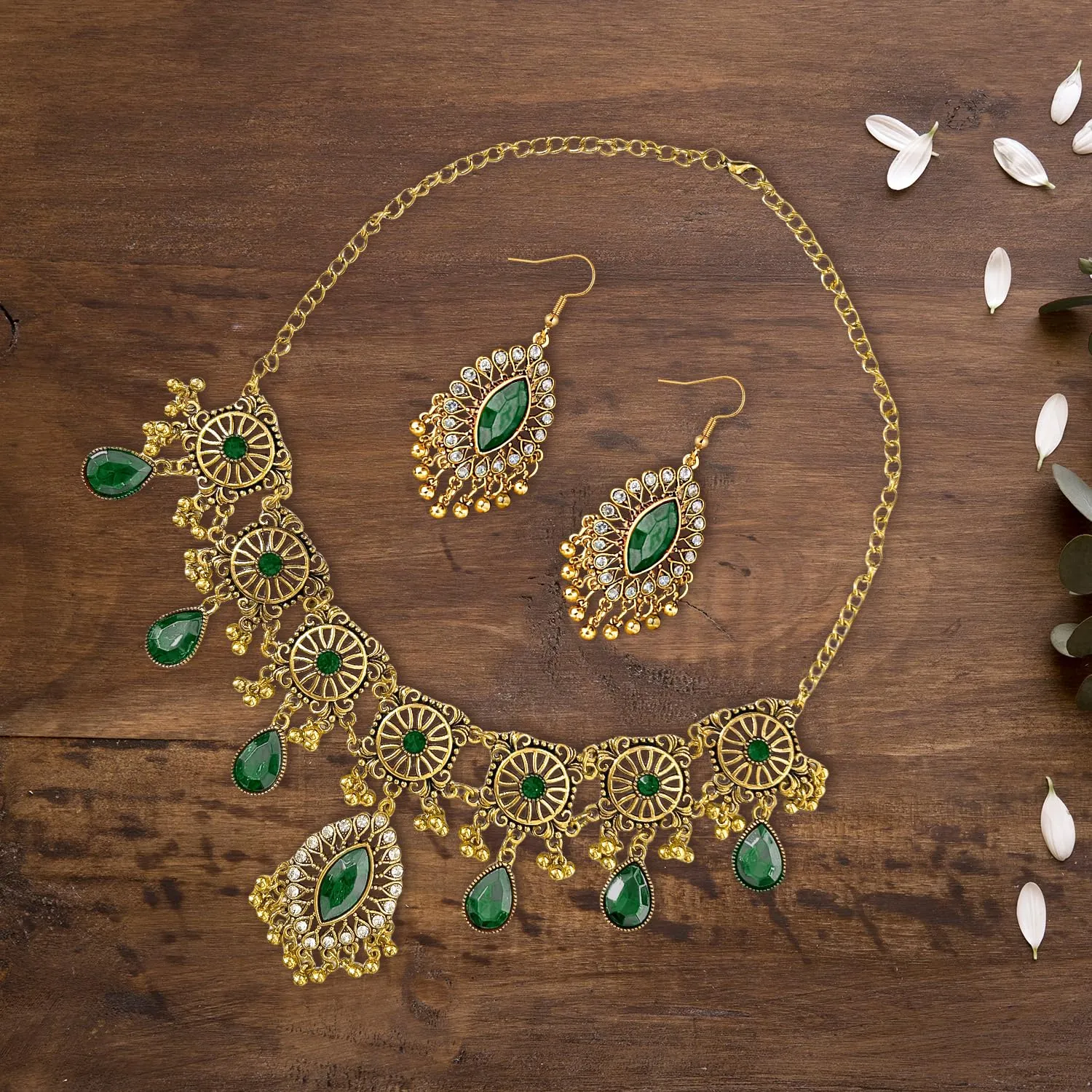 VLYX Set di gioielli tradizionali indiani per donna, Collana e Orecchini Jhumka, Stile etnico boho, Matrimonio, Festa e Accessori festivi (Verde) - immagine 5