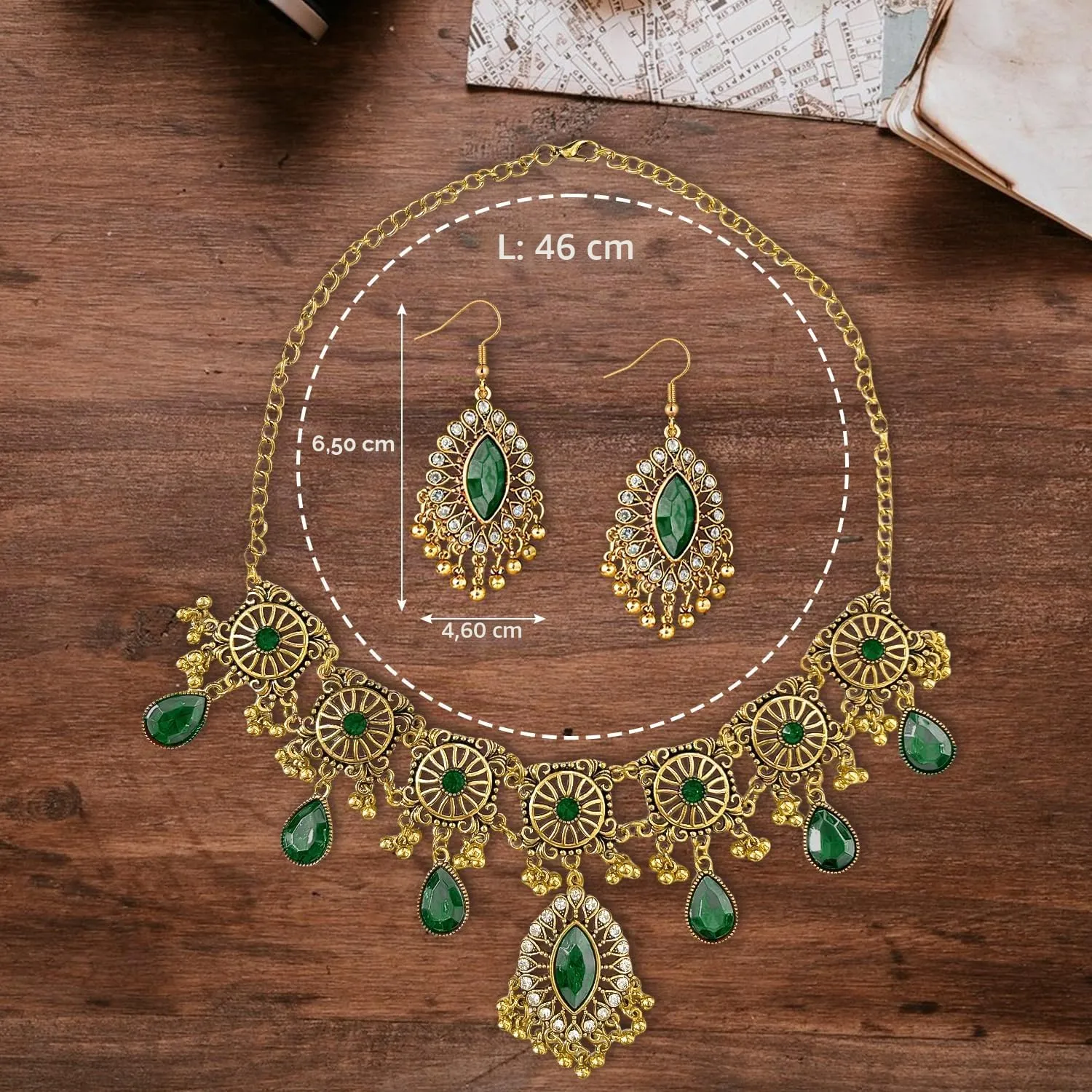 VLYX Set di gioielli tradizionali indiani per donna, Collana e Orecchini Jhumka, Stile etnico boho, Matrimonio, Festa e Accessori festivi (Verde) - immagine 7