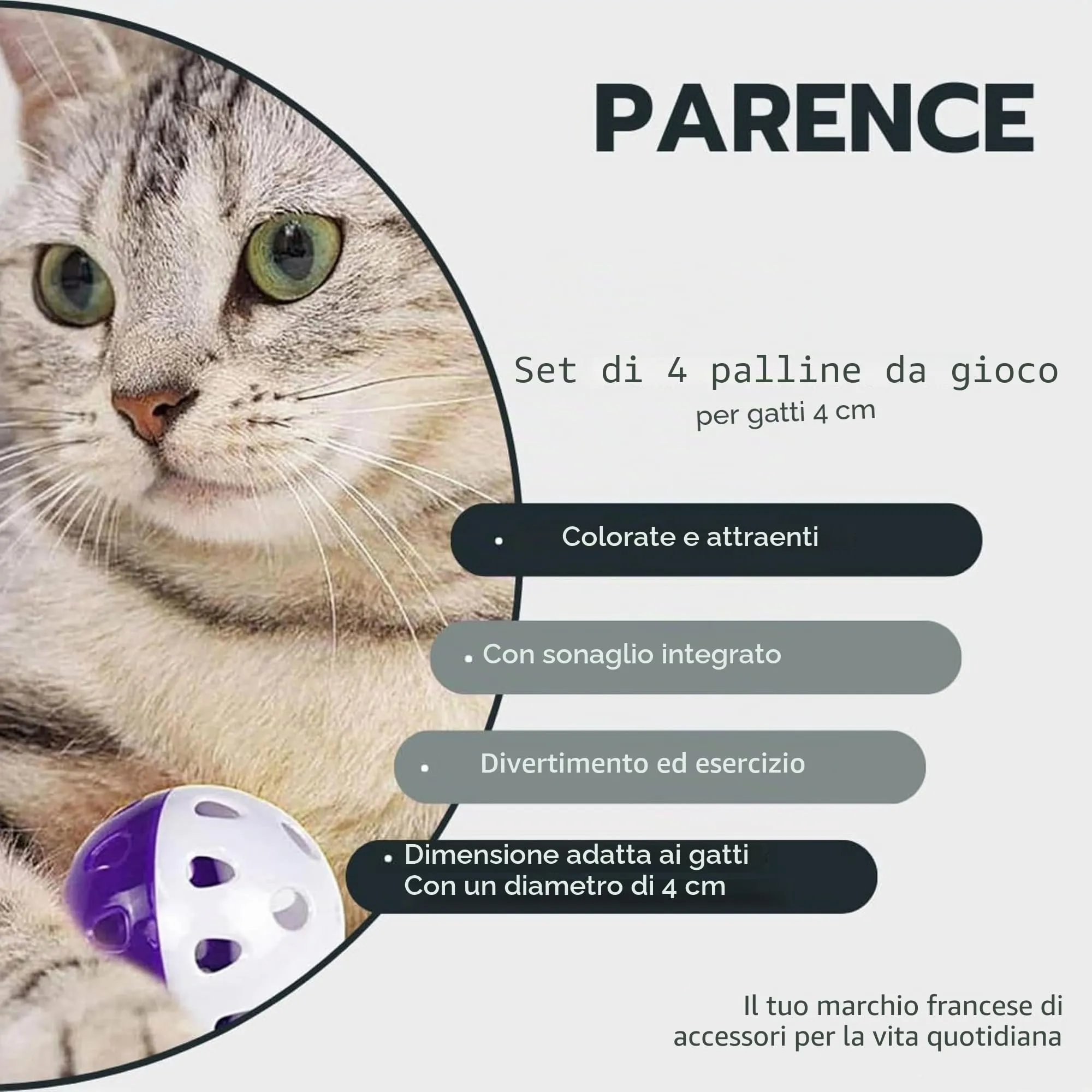 PARENCE - Set di 4 Palle da Gioco per Gatti 4 cm – Giocattoli Interattivi con Campana – Accessorio per Divertimento ed Esercizio Gattino e Gatto Adulto - immagine 6