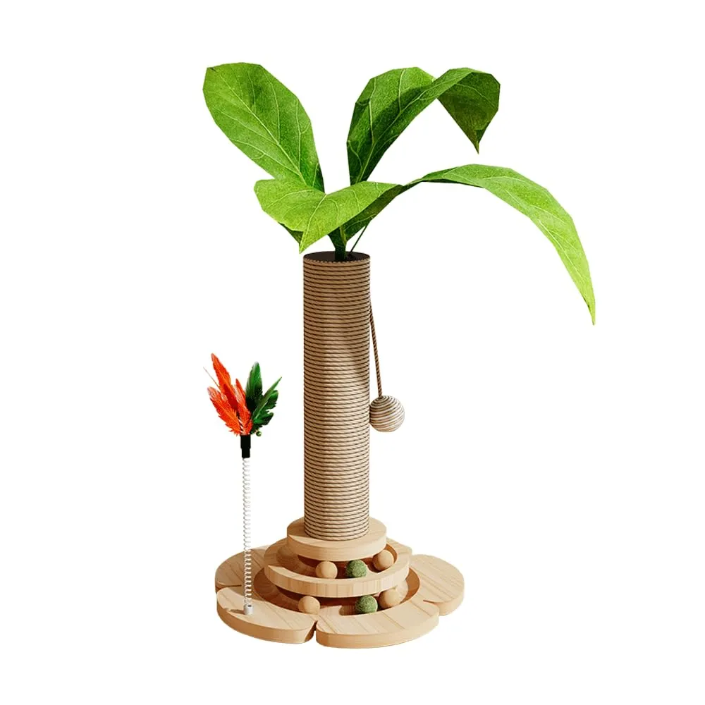Marchul Giocattoli per gatti 5 in 1, tiragraffi con corda in sisal, palla su binario in legno con piuma elastica, albero per gattini con piante simulate, tiragraffi interattivo per giocare al chiuso - immagine 1