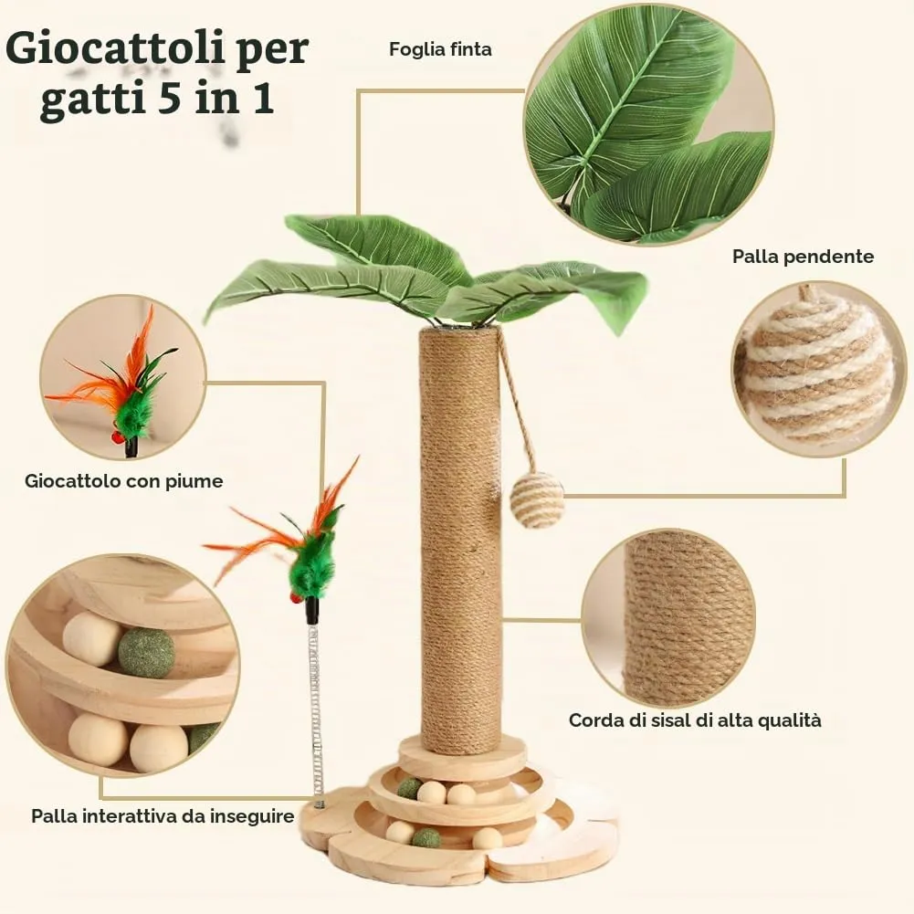 Marchul Giocattoli per gatti 5 in 1, tiragraffi con corda in sisal, palla su binario in legno con piuma elastica, albero per gattini con piante simulate, tiragraffi interattivo per giocare al chiuso - immagine 2