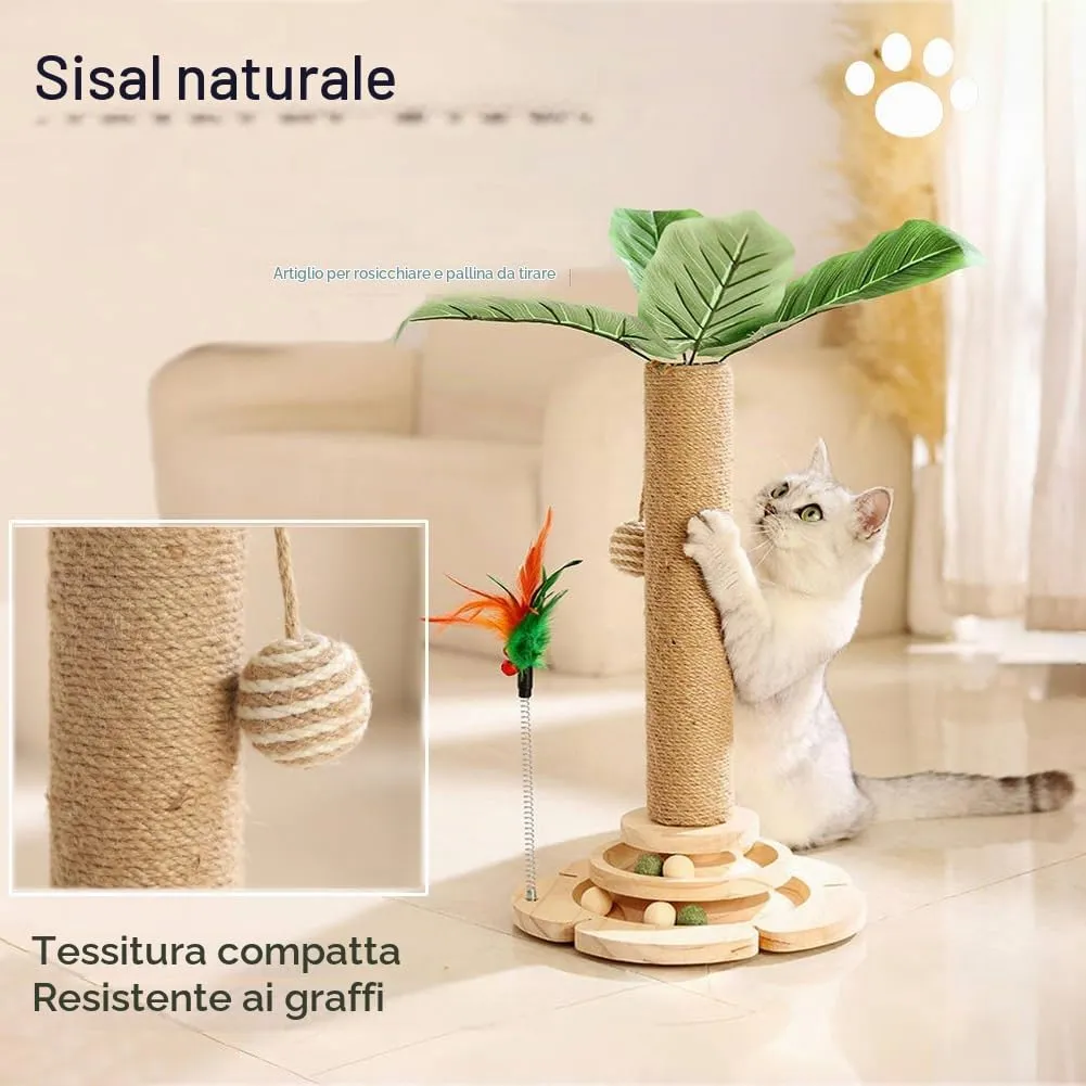 Marchul Giocattoli per gatti 5 in 1, tiragraffi con corda in sisal, palla su binario in legno con piuma elastica, albero per gattini con piante simulate, tiragraffi interattivo per giocare al chiuso - immagine 3