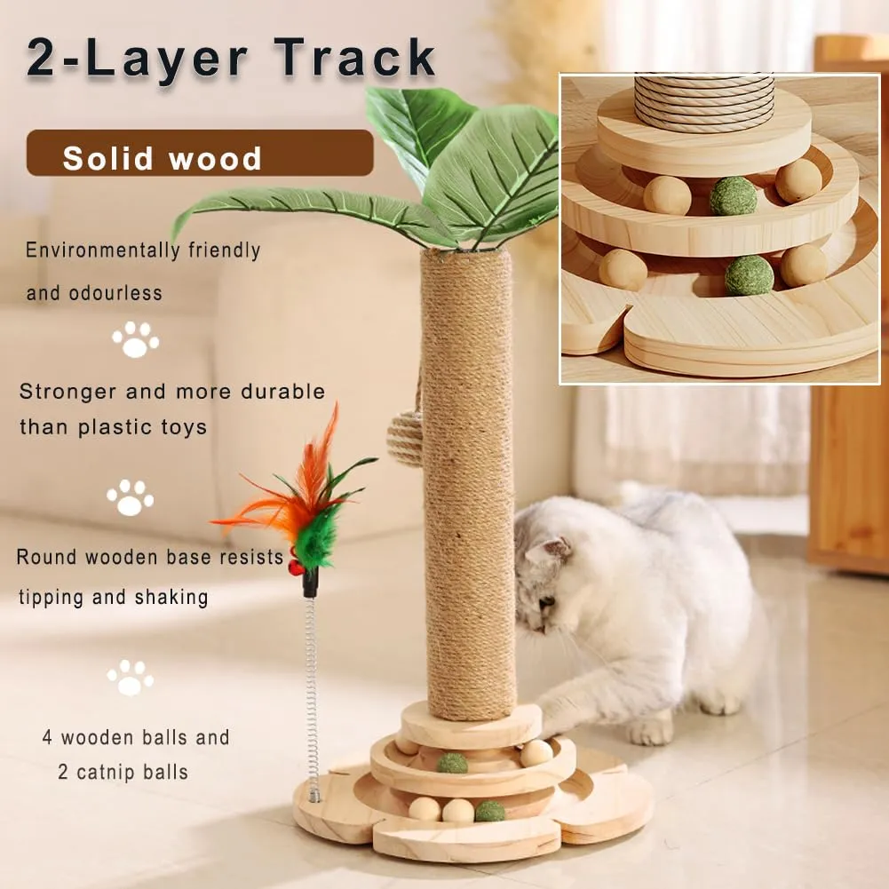 Marchul Giocattoli per gatti 5 in 1, tiragraffi con corda in sisal, palla su binario in legno con piuma elastica, albero per gattini con piante simulate, tiragraffi interattivo per giocare al chiuso - immagine 4
