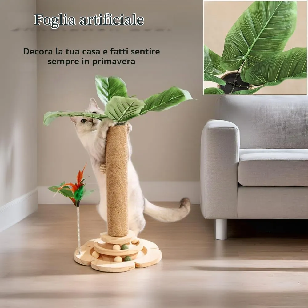 Marchul Giocattoli per gatti 5 in 1, tiragraffi con corda in sisal, palla su binario in legno con piuma elastica, albero per gattini con piante simulate, tiragraffi interattivo per giocare al chiuso - immagine 5