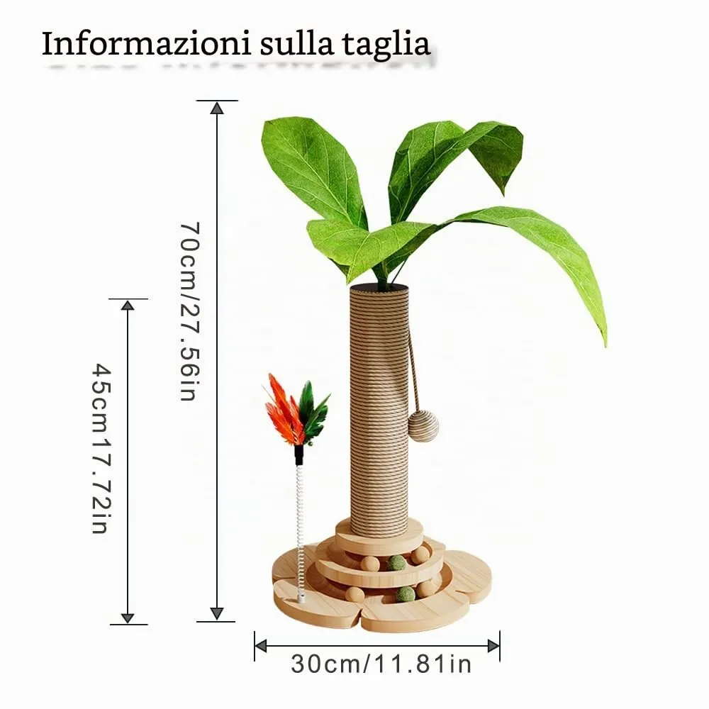 Marchul Giocattoli per gatti 5 in 1, tiragraffi con corda in sisal, palla su binario in legno con piuma elastica, albero per gattini con piante simulate, tiragraffi interattivo per giocare al chiuso - immagine 6