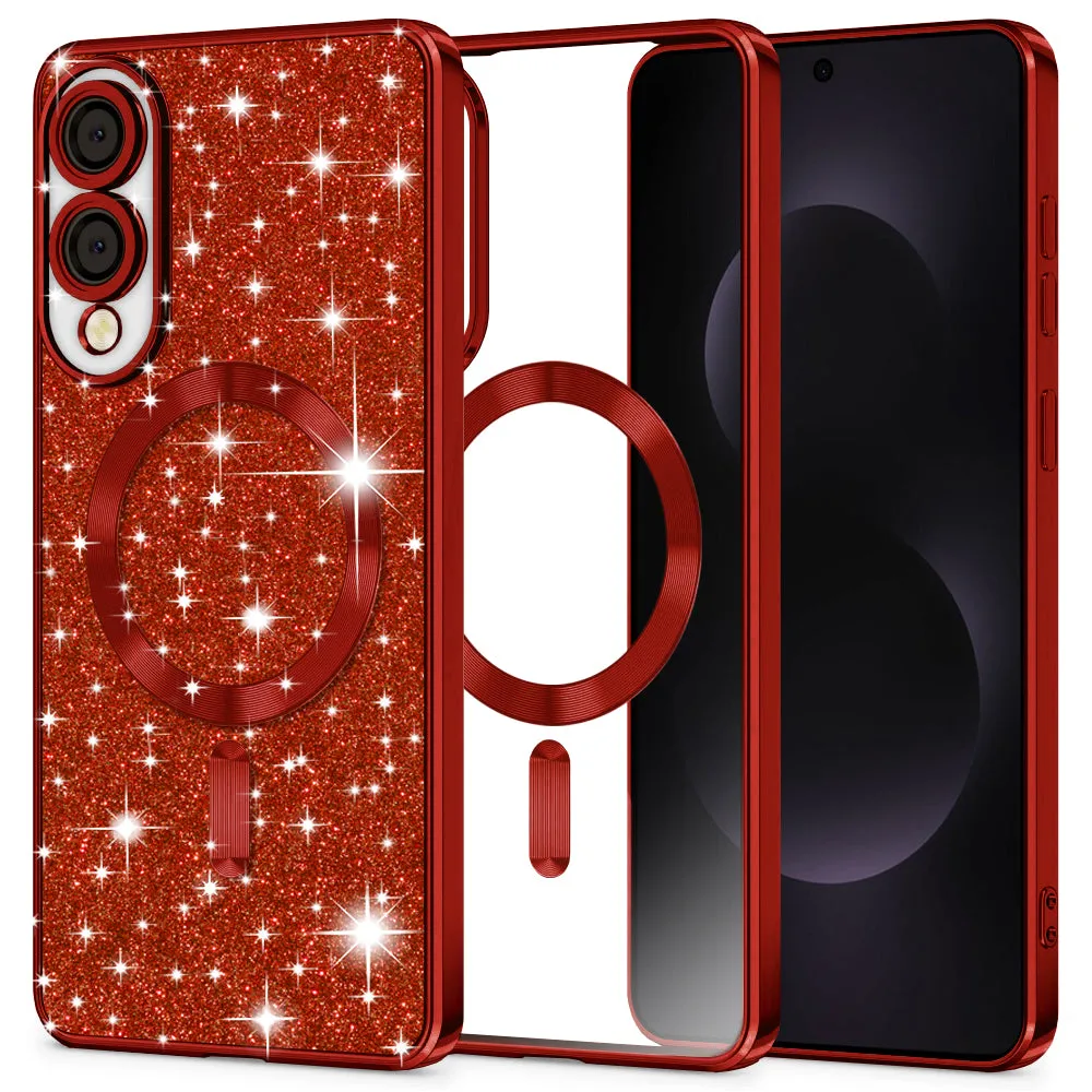 Custodia MagSafe per Samsung Galaxy S25 Edge S937, Techsuit, Luxury Glitter, Rossa - immagine 1