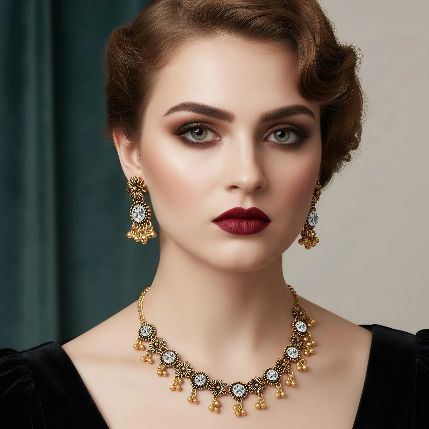 VLYX Set di Gioielli Tradizionali Indiani per Donna, Collana e Orecchini Jhumka, Stile Boho Etnico, Matrimonio, Regalo per Festa (Bianco) - immagine 2