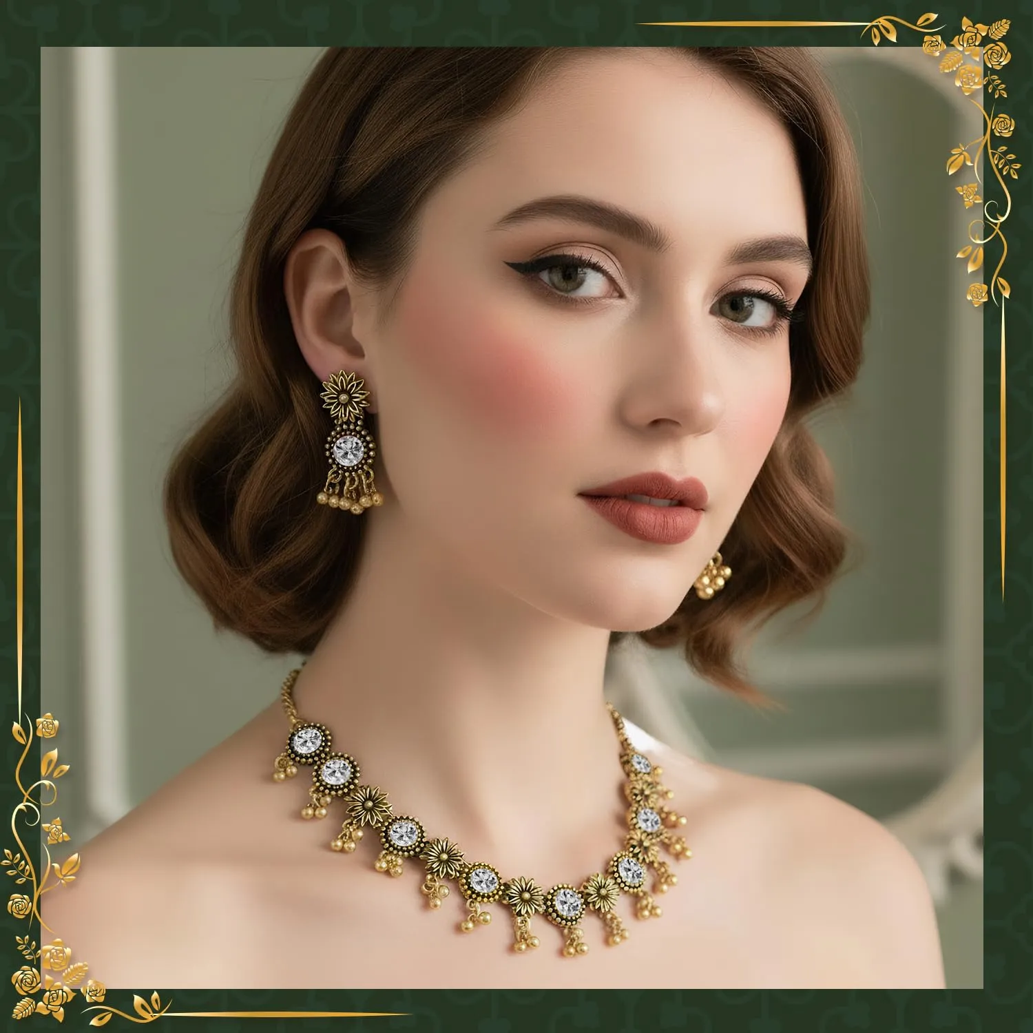 VLYX Set di Gioielli Tradizionali Indiani per Donna, Collana e Orecchini Jhumka, Stile Boho Etnico, Matrimonio, Regalo per Festa (Bianco) - immagine 3