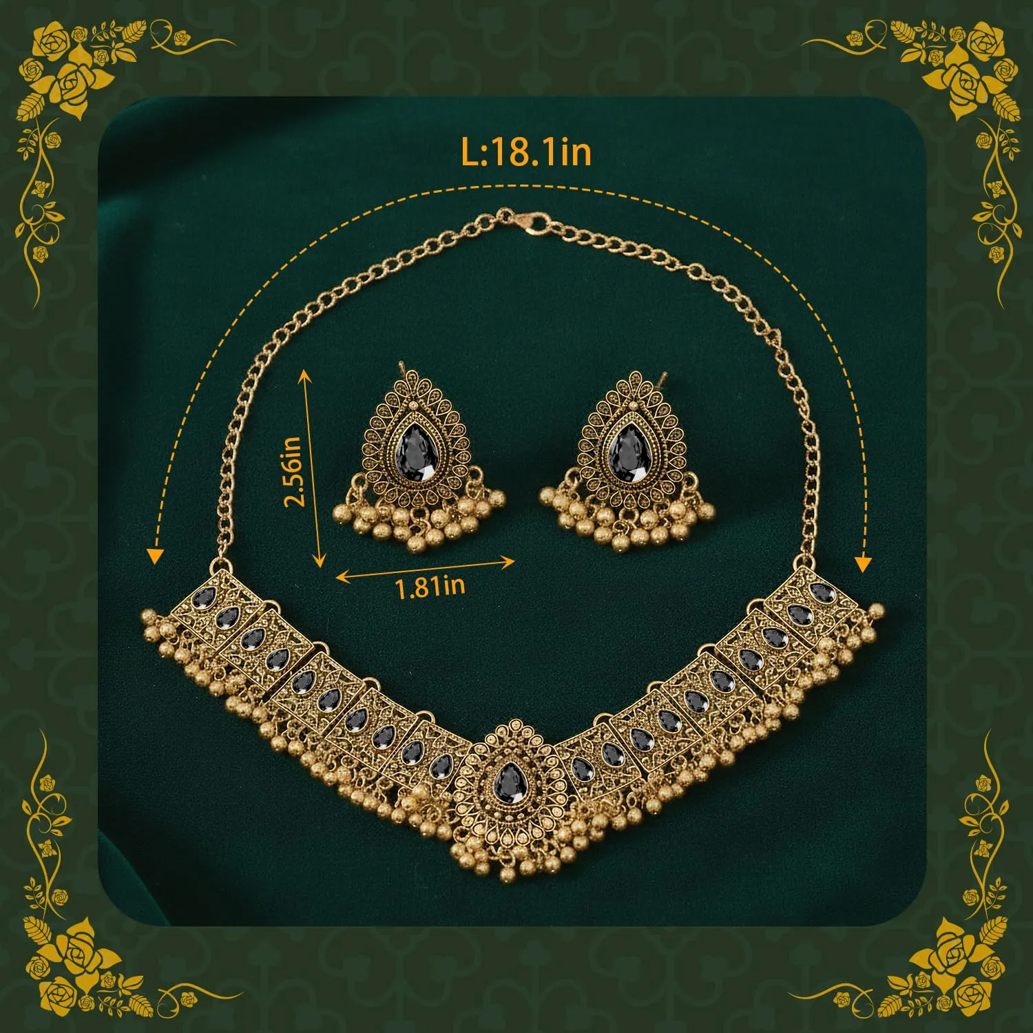 VLYX Set di Gioielli Tradizionali Indiani per Donna, Collana e Orecchini Jhumka per Abiti da Matrimonio o Festa (Nero) - immagine 4